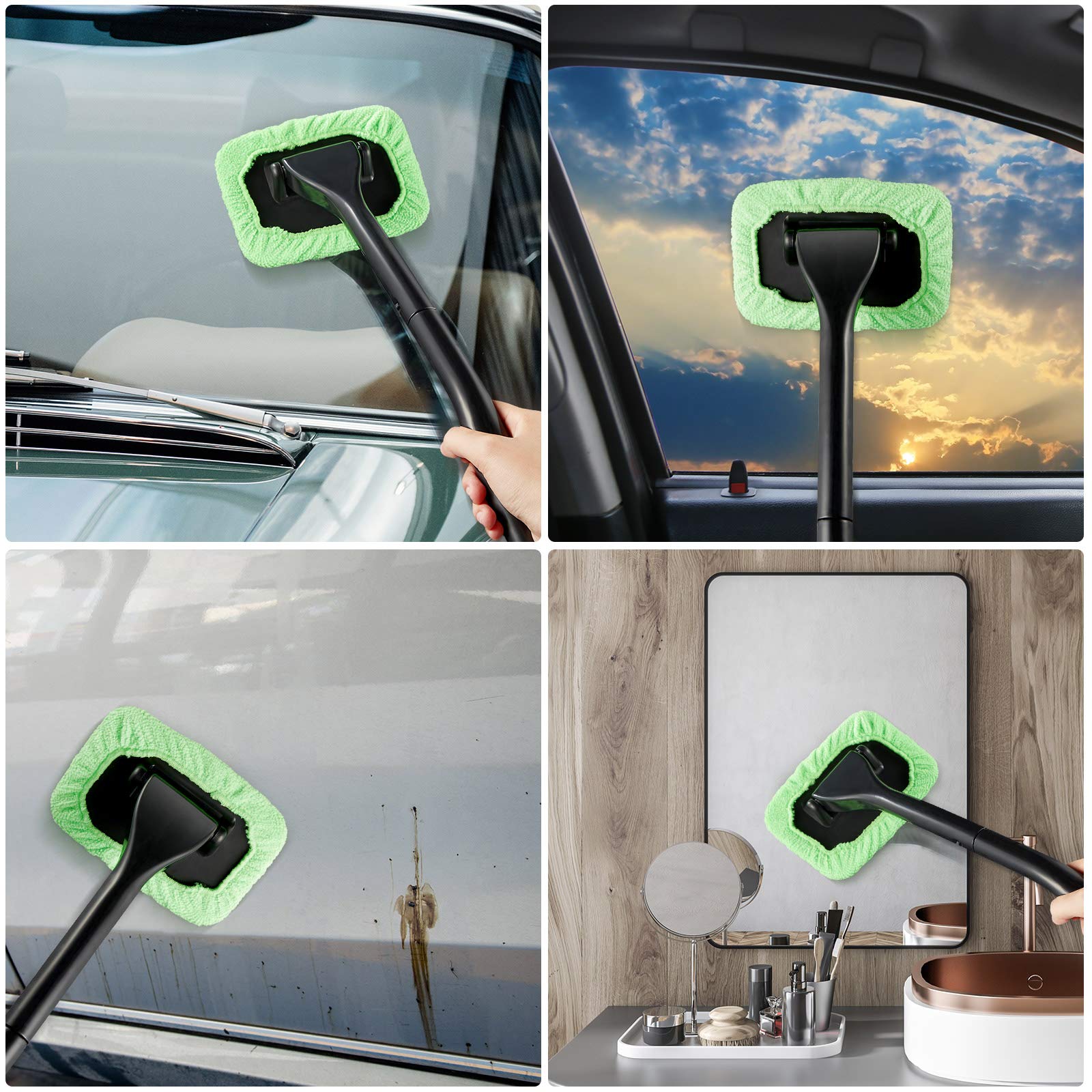 2 Pack Windshield Cleaning Kit - Extendable Car Window Cleaner with Detachable Handle, 8 Reusable Microfiber Pads & 2 Spray Bottles for Auto Glass & Interior Cleaning - Perfect for Cars, Trucks, RVs (Green)