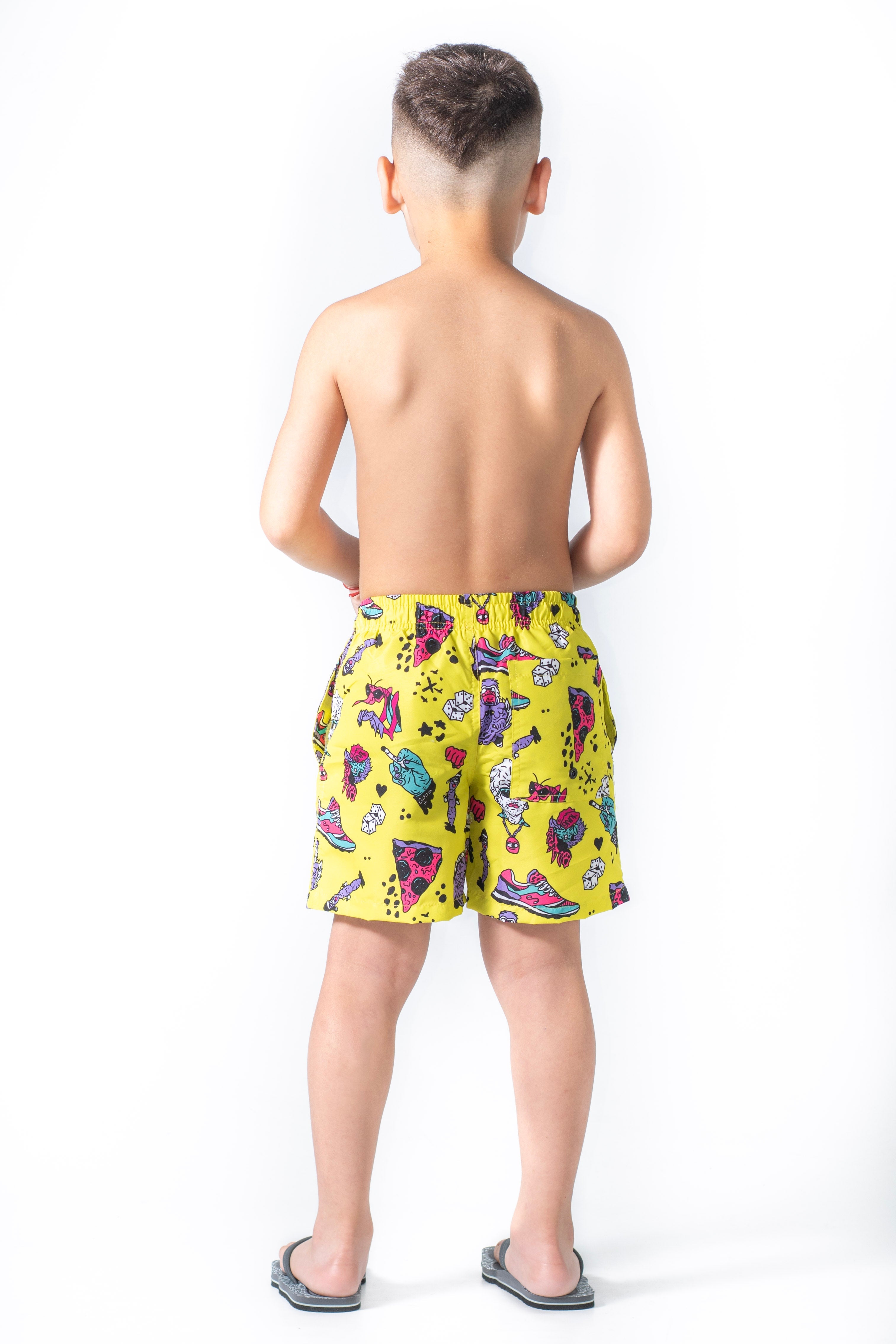Kids Bathing Shorts Ocn Tdb Canarias St Yellow Print - Comfortable Swim Trunks for Beach, Pool & Summer Activities