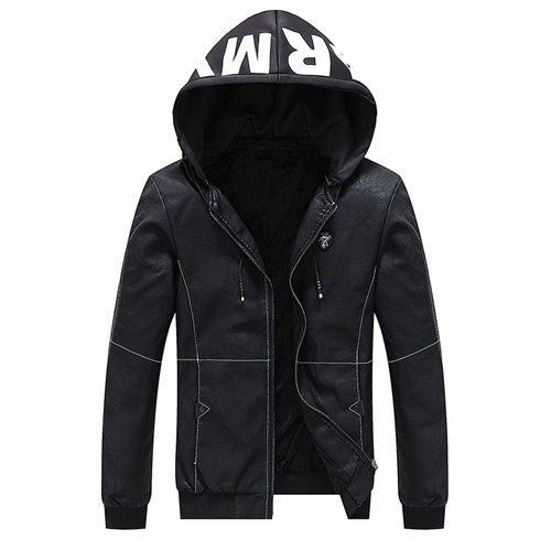 Army Green Printed Color Accent Leather Hooded Jacket for Men - Stylish Military-Inspired Outerwear for Casual Wear & Outdoor Adventures