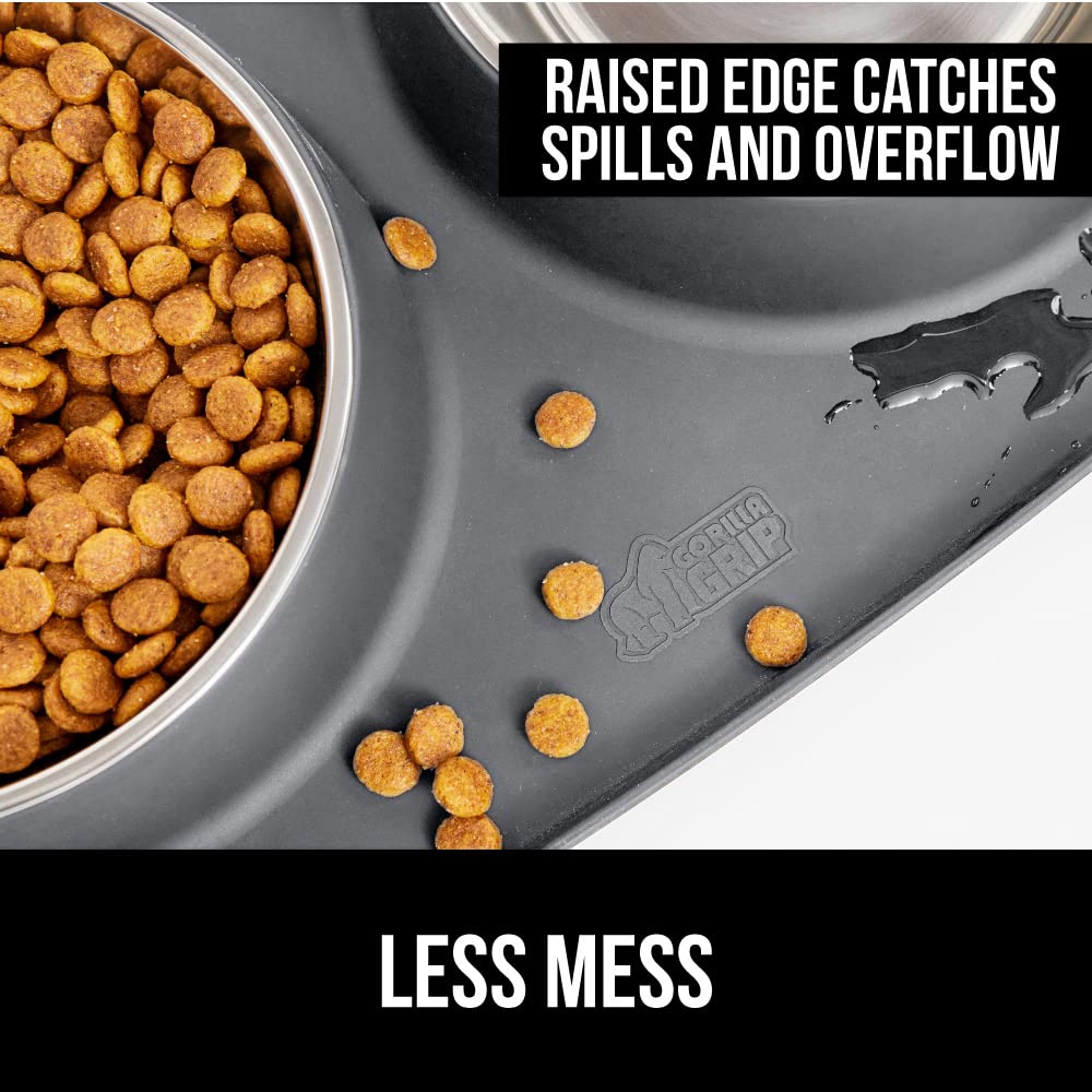 Gorilla Grip Non-Slip Cat Mat & Silicone Pet Feeding Mat with Bowls Set - 24x17 Inch Cat Mat & 1 Cup Capacity Food Mat - Gray 2-Piece Bundle for Kittens & Dogs - Perfect for Messy Eaters & Water Bowl Areas