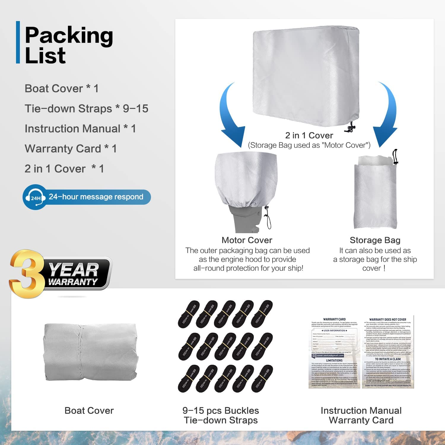 Heavy Duty 24-26 ft Waterproof Boat Cover with Motor Cover | Marine Grade V-Hull Runabout & Bass Boat Cover | Fits Fishing & Ski Boats up to 108