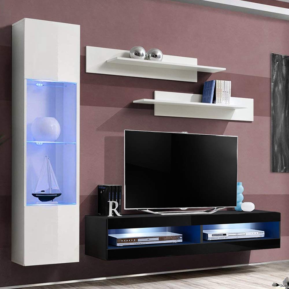 Fly G3 34TV Stand - Modern Wall-Mounted Floating Entertainment Center with Storage Shelves & LED Lights for Bedroom & Living Room - White/Black - Perfect for Small Spaces & Home Theater Setup