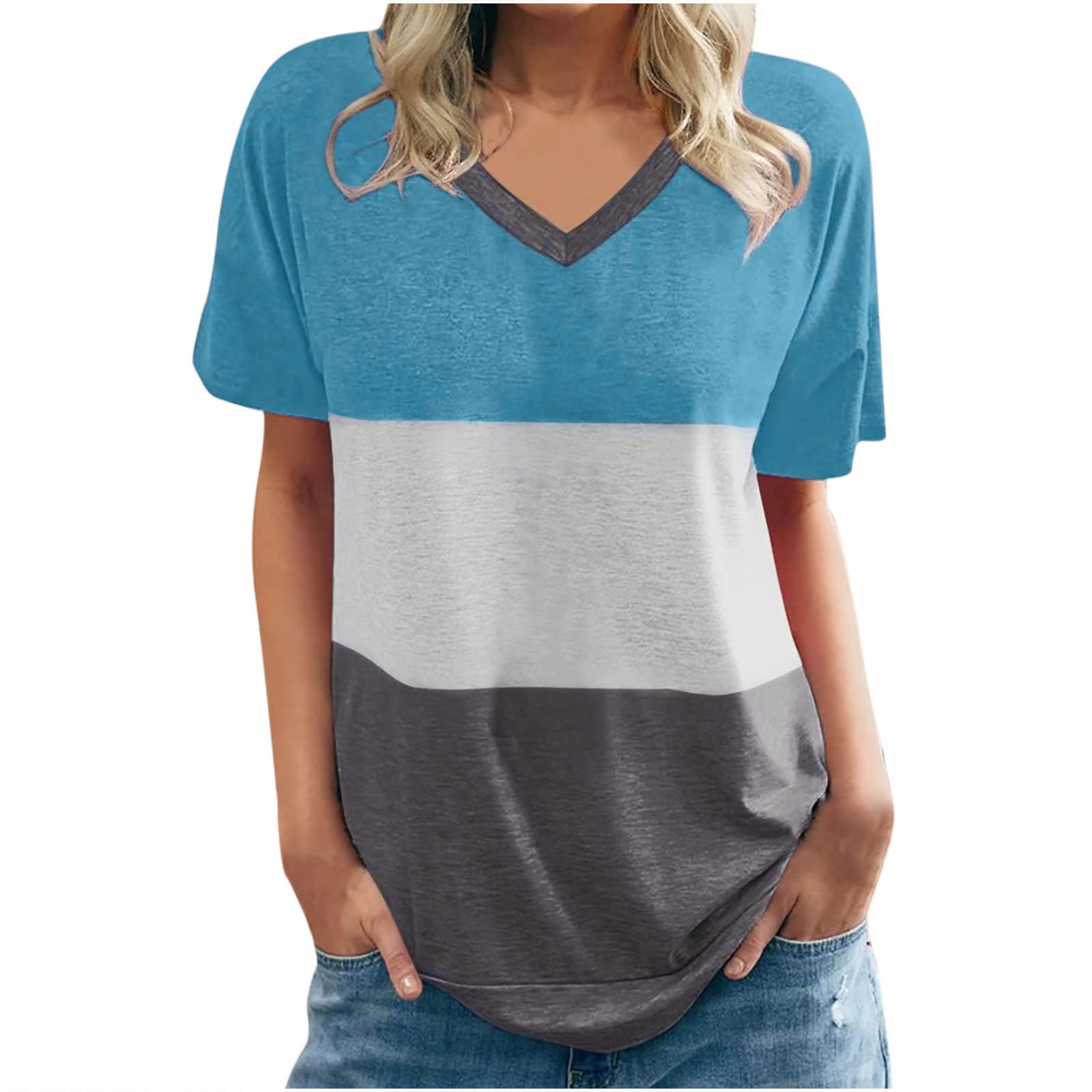 2024 Women's Summer Fashion V-Neck Color Block T-Shirts - Casual Short Sleeve Loose Blouses for Everyday Wear & Outdoor Activities