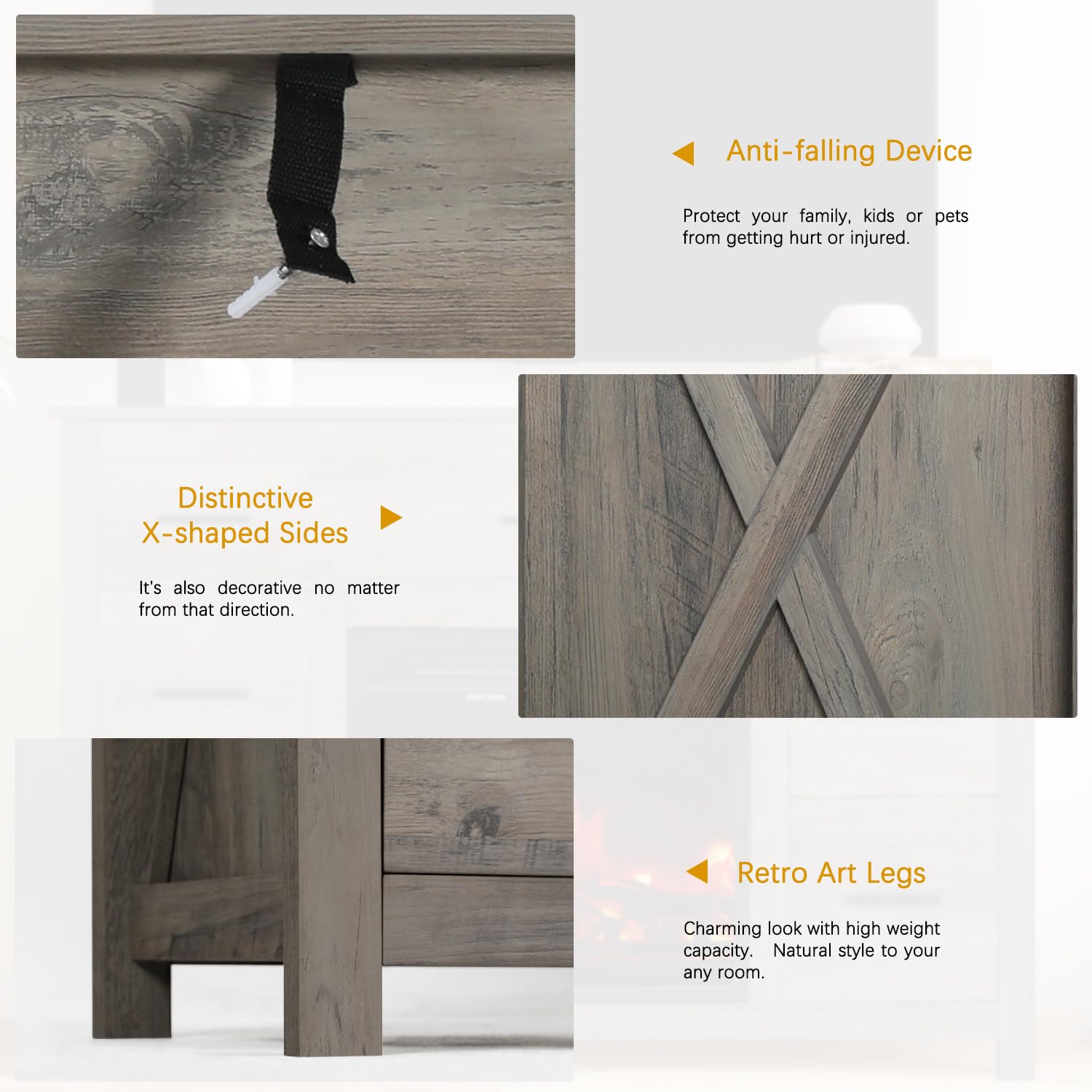 Farmhouse Bedroom Set with Fireplace - Grey Wooden Dresser & Nightstands, 7-Drawer Storage & 18