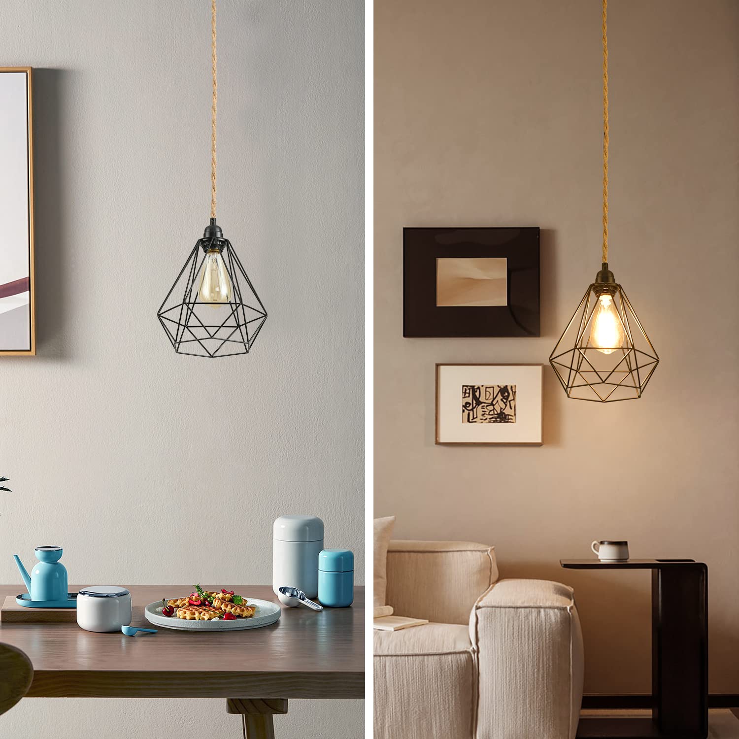 Farmhouse Plug-in Pendant Light with Hemp Rope - 15 Ft Hanging Lamp Kit with Switch & Industrial Diamond Metal Cage - Rustic Lighting for Bedroom, Living Room, Kitchen Island & Dining Room Decor
