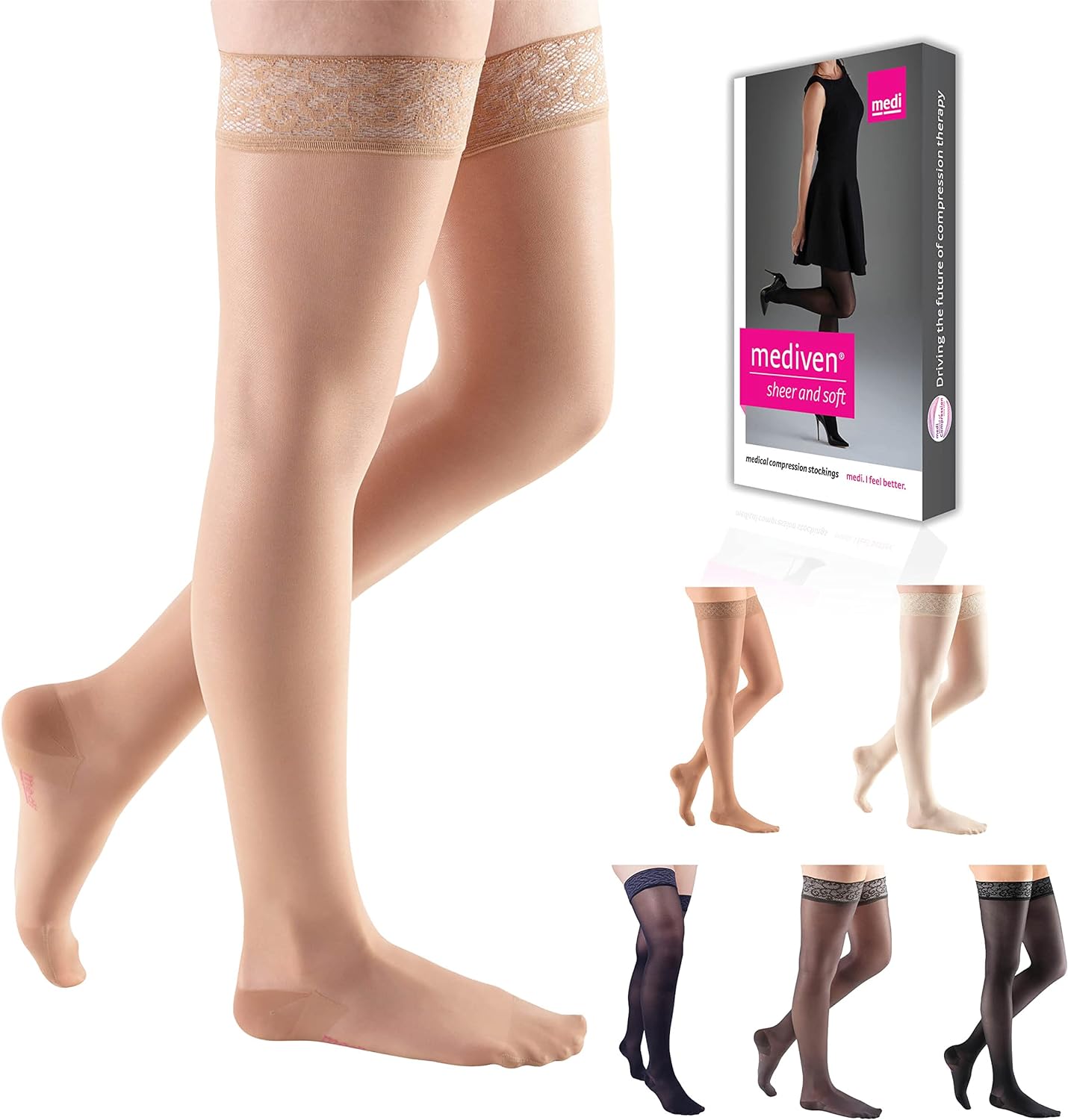 Medi Comfort 15-20mmHg Closed Toe Thigh High Compression Stockings with Lace & Silicone Top Band - Perfect for Varicose Veins, Edema & Post-Surgery Recovery