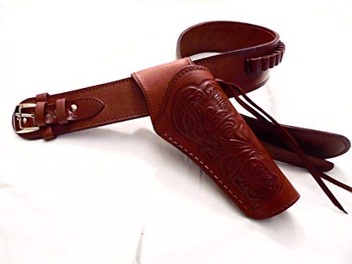 Western Cartridge Gun Belt - 22 Caliber with Deluxe Cross Draw Tooled Leather Holster Combo - Genuine Brown Leather Gun Belt for Cowboy Action Shooting & Western Reenactments