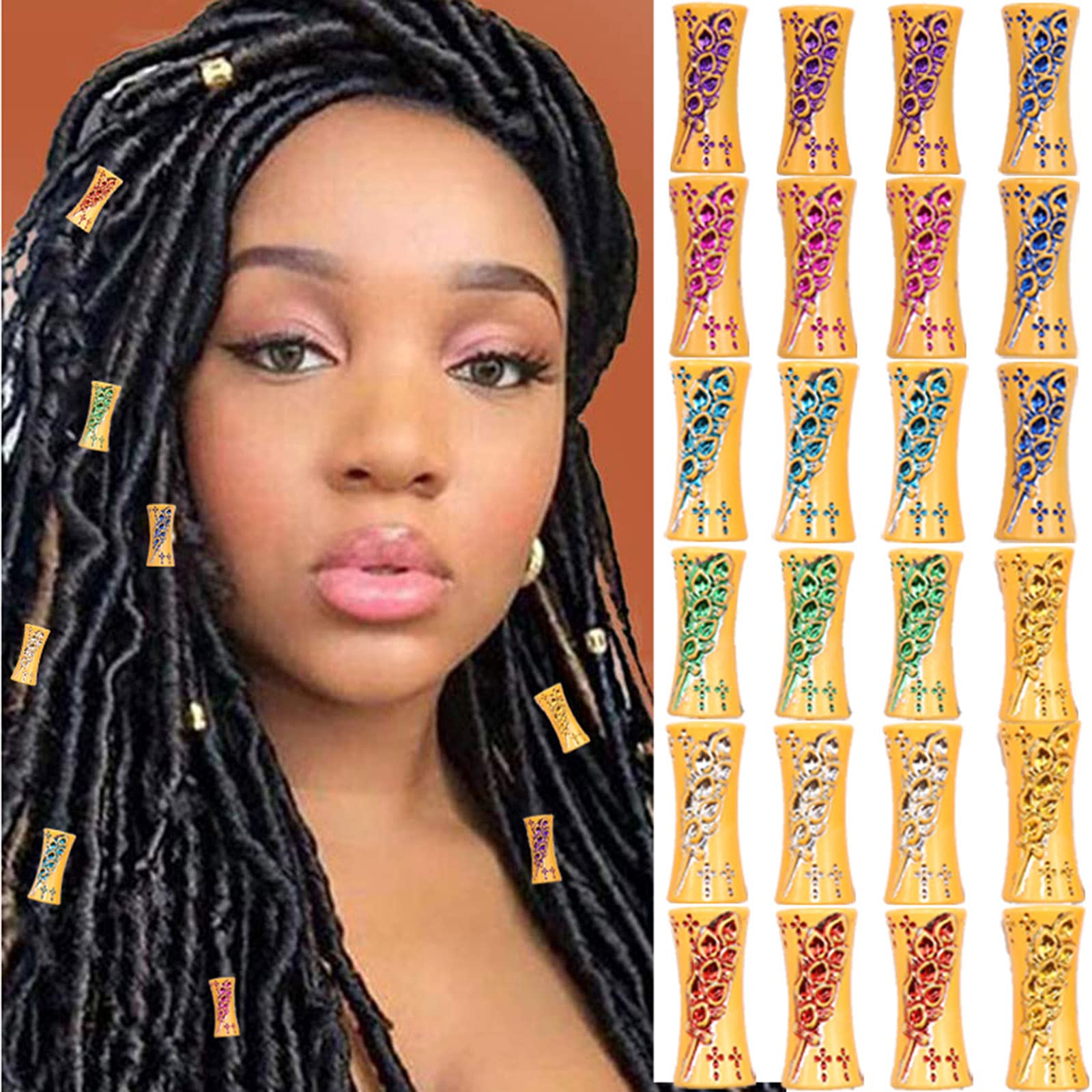 NAISKA Colorful Hair Tube Beads for Dreadlocks & Braids - DIY Hair Braiding Jewelry Accessories with Cuff Rings & Clips for Women (8 Styles) - Perfect for Boho, Festival & Everyday Hairstyles