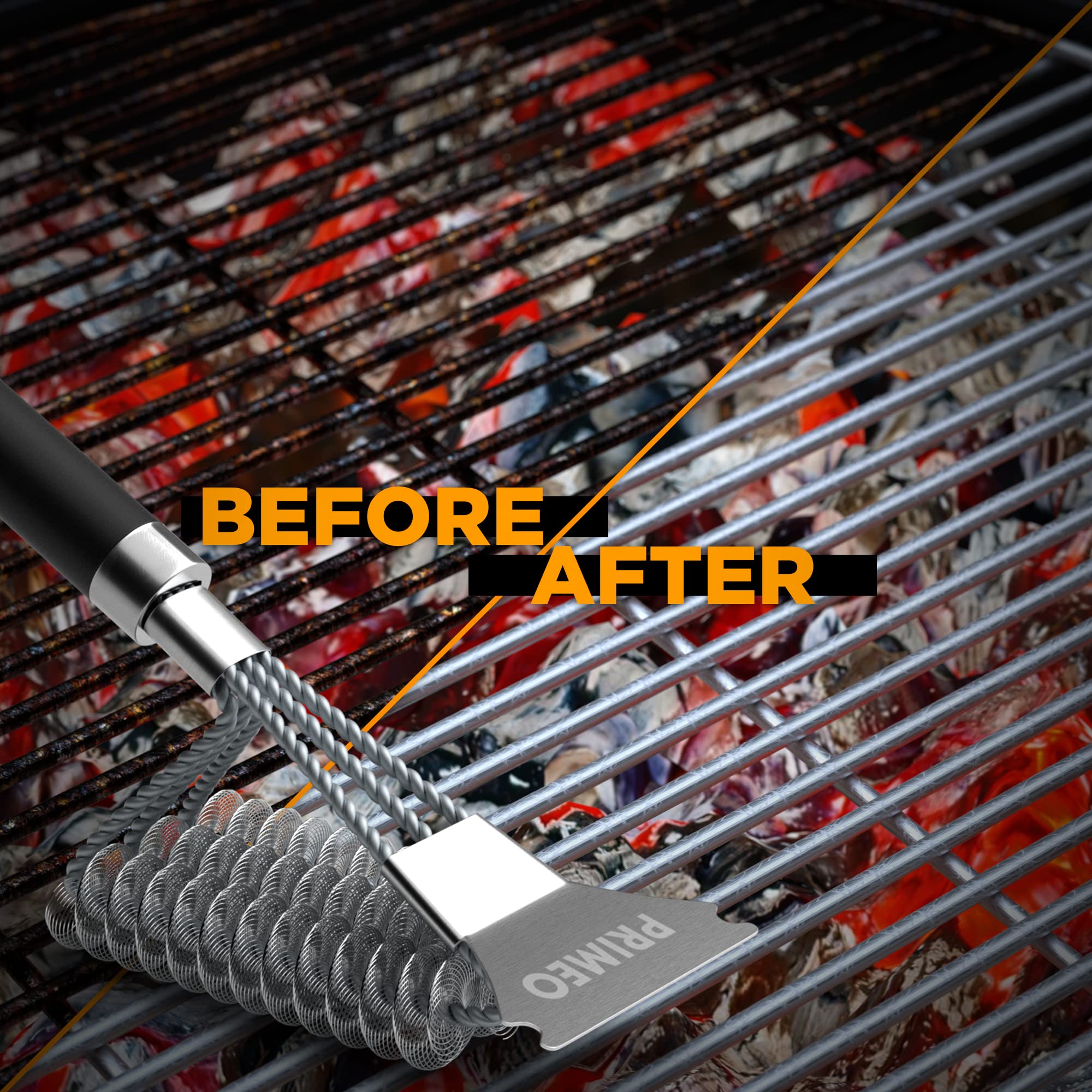 **PRIMEO Grill Brush and Scraper for Outdoor BBQ - Heavy Duty Bristle-Free Grill Cleaner with 3 Replaceable Heads | Durable Stainless Steel Safe Barbecue Brush for Gas, Charcoal & Pellet Grills | Perfect for Backyard Cookouts, Camping & Tailgating**