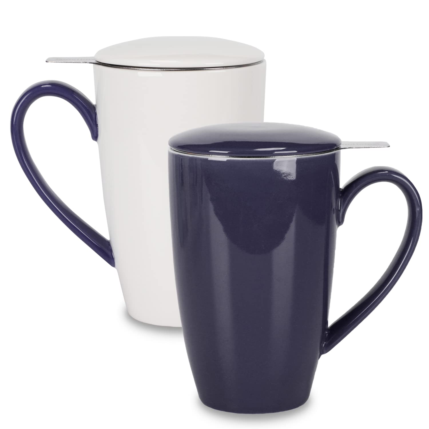 amhomel 16oz Porcelain Tea Mug with Infuser & Lid - Ceramic Tea Cup for Loose Leaf Tea, Coffee, Cocoa & Milk - Perfect Tea Gift Set for Tea Lovers (2-Pack, Navy Blue & White) - Ideal for Home, Office & Gifting