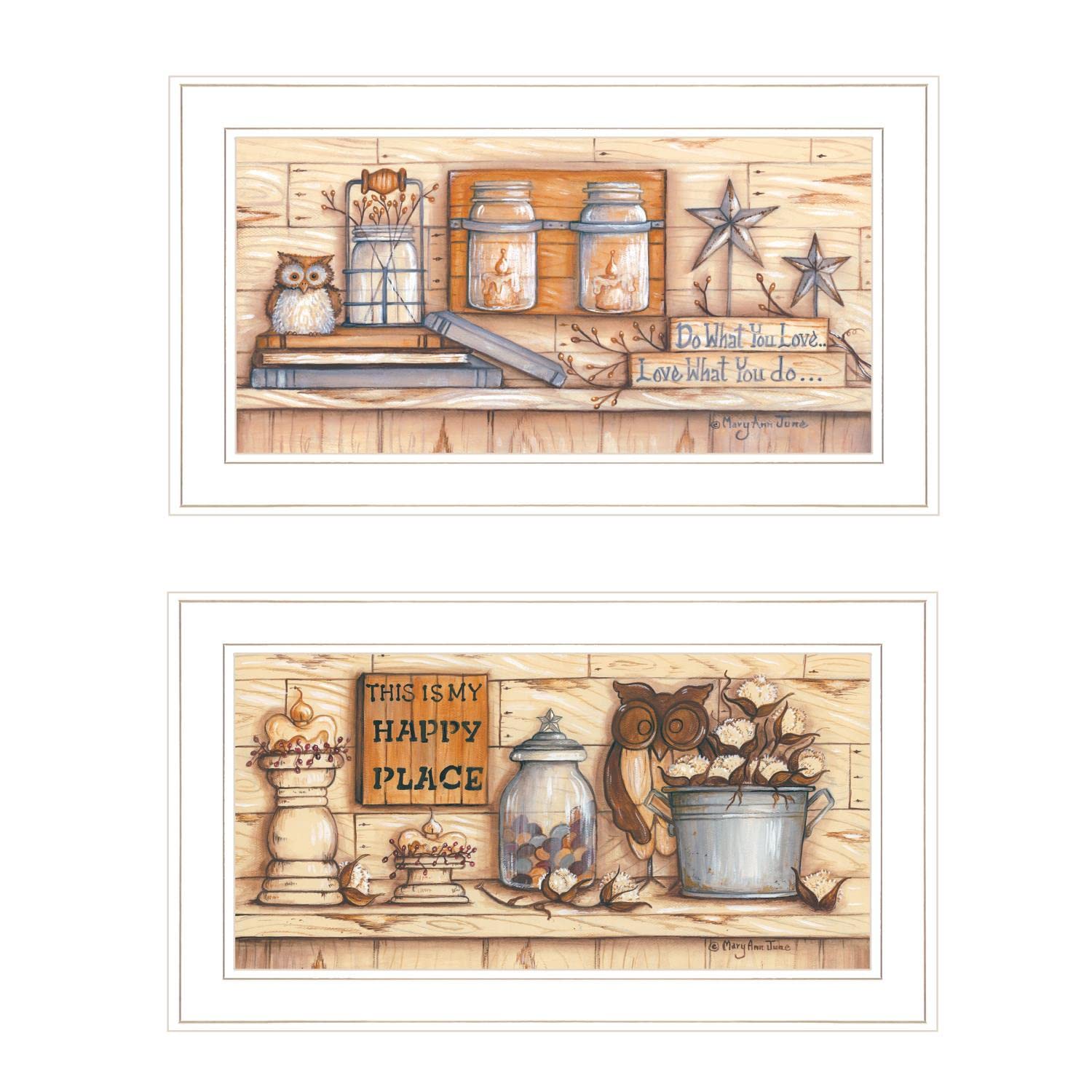 My Happy Place 2-Piece Wall Art Set by Mary June - White Framed Home Decor for Living Room, Bedroom & Office - Inspirational Quote Prints for Home Styling