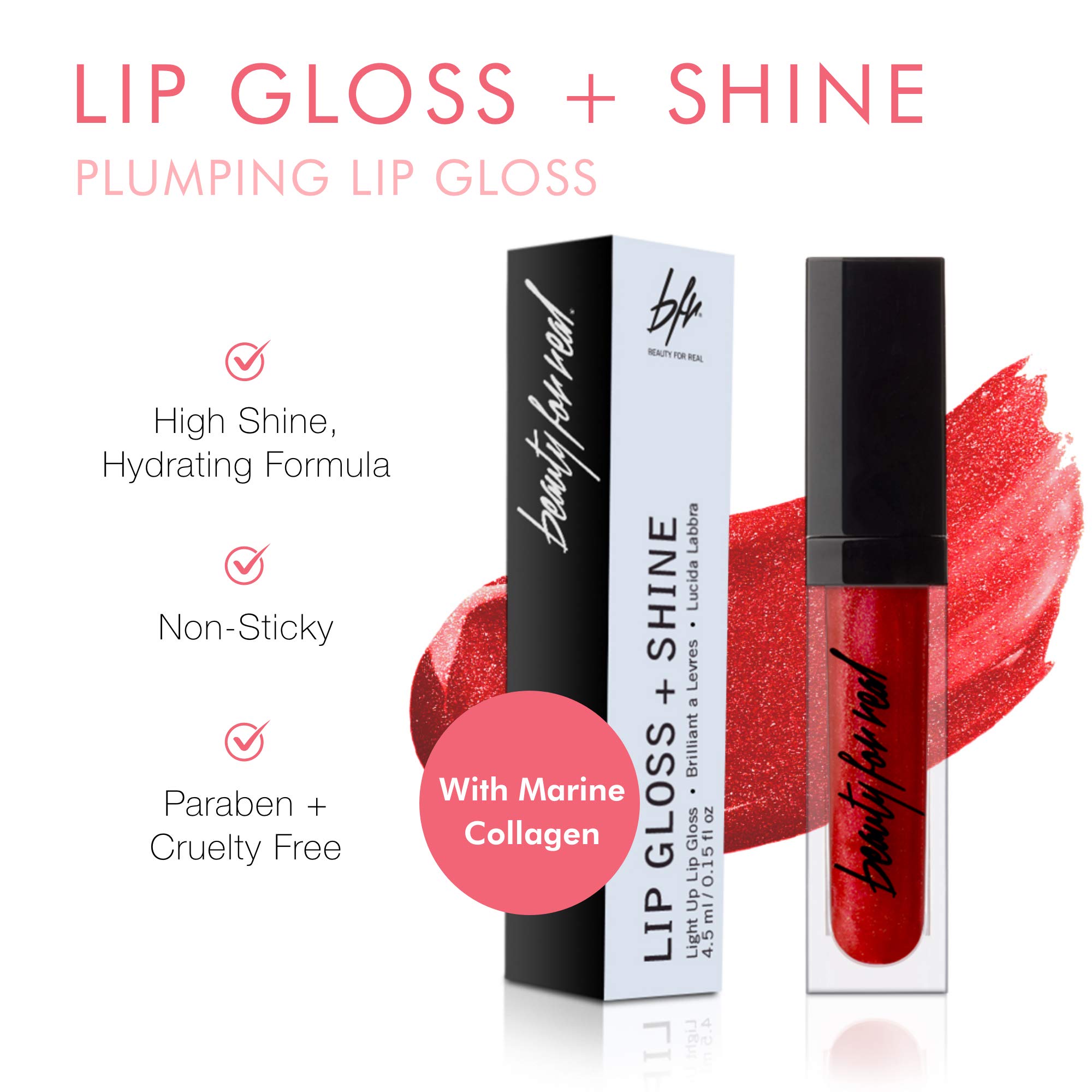 Beauty For Real Lip Gloss + Shine - Light My Fire Opaque Red | Non-Sticky Plumping & Hydrating Lip Gloss with Marine Collagen | Everyday Wear, Mirror in Cap | 0.15 fl oz | Perfect for Date Night, Office & Special Occasions