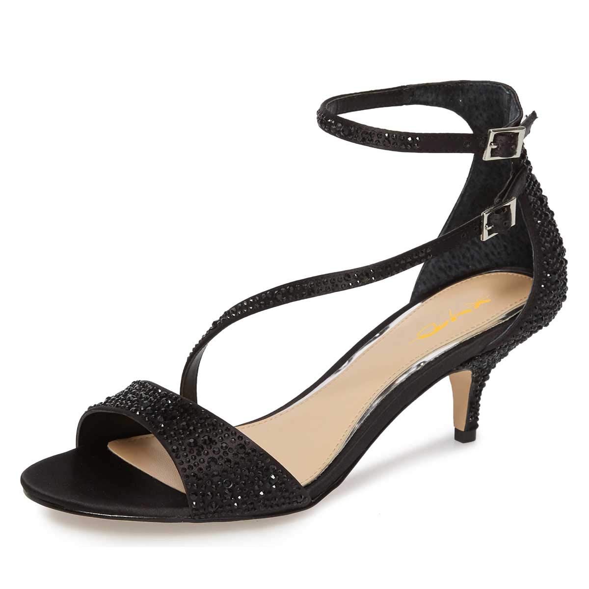 XYD Women's Satin Rhinestone Low Kitten Heel Sandals - Ankle Strap Open Toe Fashion Pumps for Party, Prom, Wedding & Evening Events - Perfect for Cocktail Dresses & Special Occasions