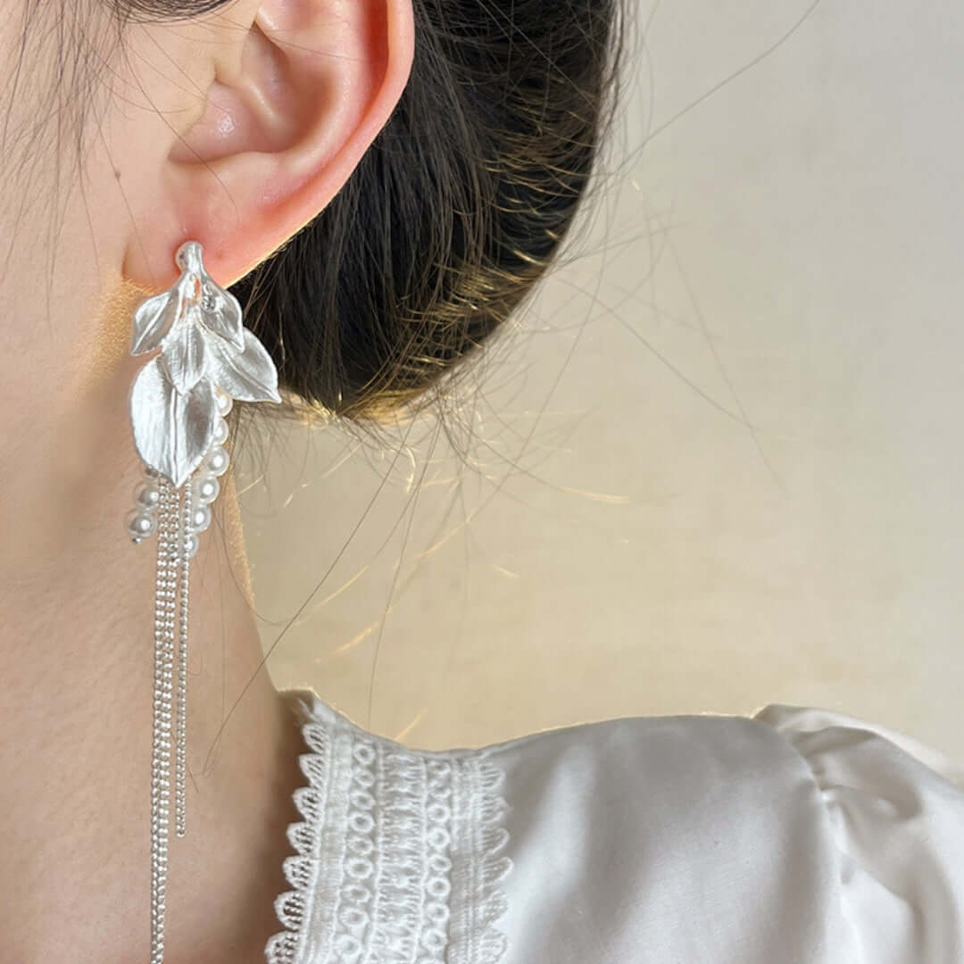 Ivory Pearl Leaf Link Chain Drop Earrings for Women | EH338 | Elegant Dangle Earrings for Wedding, Party & Evening Wear