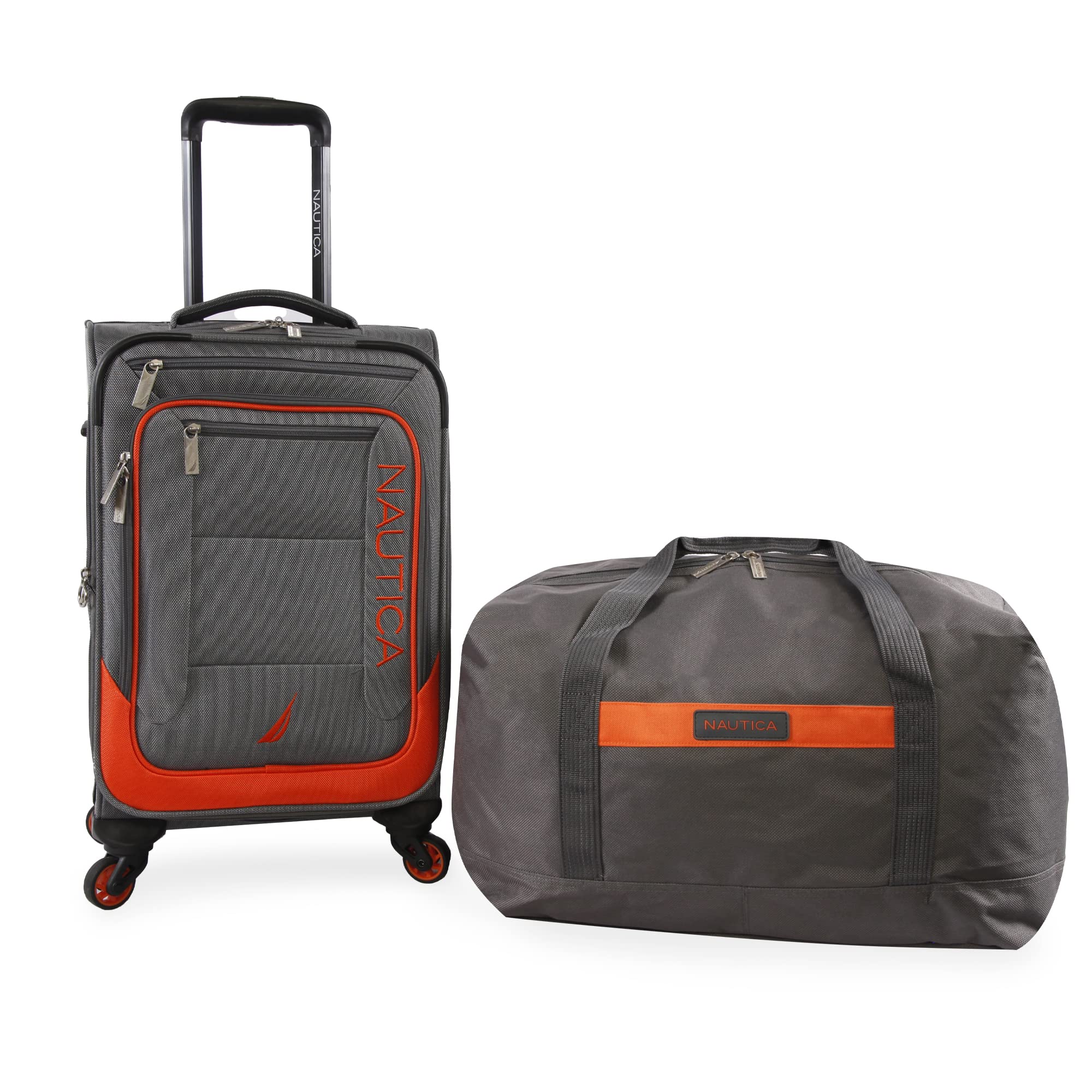 NAUTICA Pathfinder 2-Piece Softside Luggage Set - Lightweight Expandable Carry-On Suitcase with Spinner Wheels, Grey/Orange - Perfect for Business Travel & Weekend Getaways