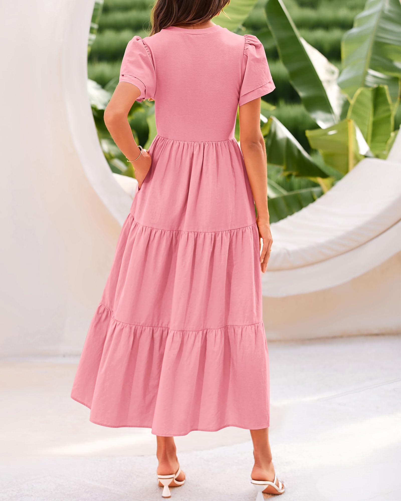 BTFBM Women's Casual Summer Dresses 2025 - Spring Crewneck Short Sleeve Tiered Flowy Boho Maxi Dress with Pockets for Beach Vacation, Outdoor Picnic & Summer Travel