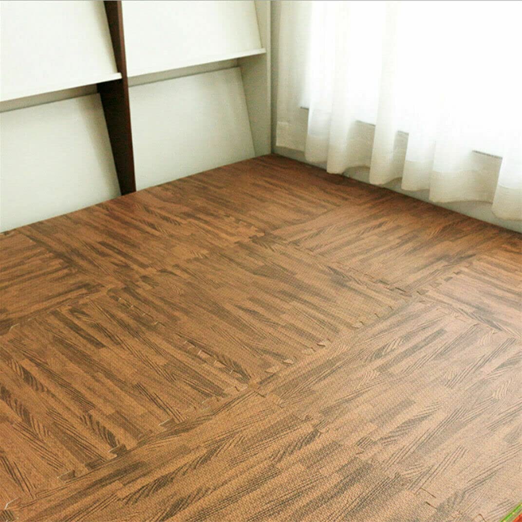 Non-Slip Wood Grain EVA Foam Gym Exercise Floor Mats - Interlocking Tiles for Home, Garage, Kids Play Area (24-Pack, Brown Wood Grain) - Perfect for Yoga, Workouts & Child Safety