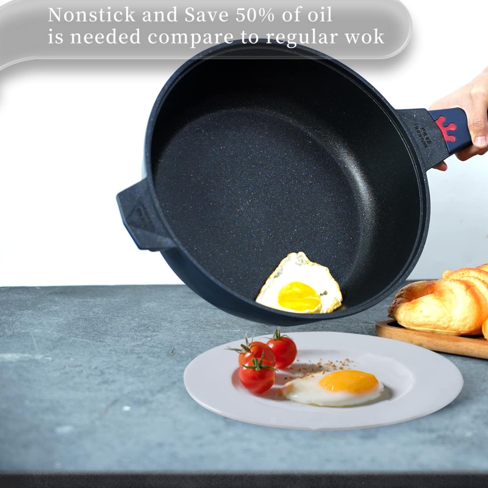 TIBORANG 8-in-1 Nonstick Deep Fry Pan with Glass Lid - 11 Inch 5 Quart Multi-Purpose Cookware, Heat Indicator, Stay-Cool Handle, Steamer Grid, PFOA-Free, Dishwasher & Oven Safe - Works with All Stovetops (Navy Blue) - Perfect for Frying, Steaming, Sautéing, and More in Your Kitchen