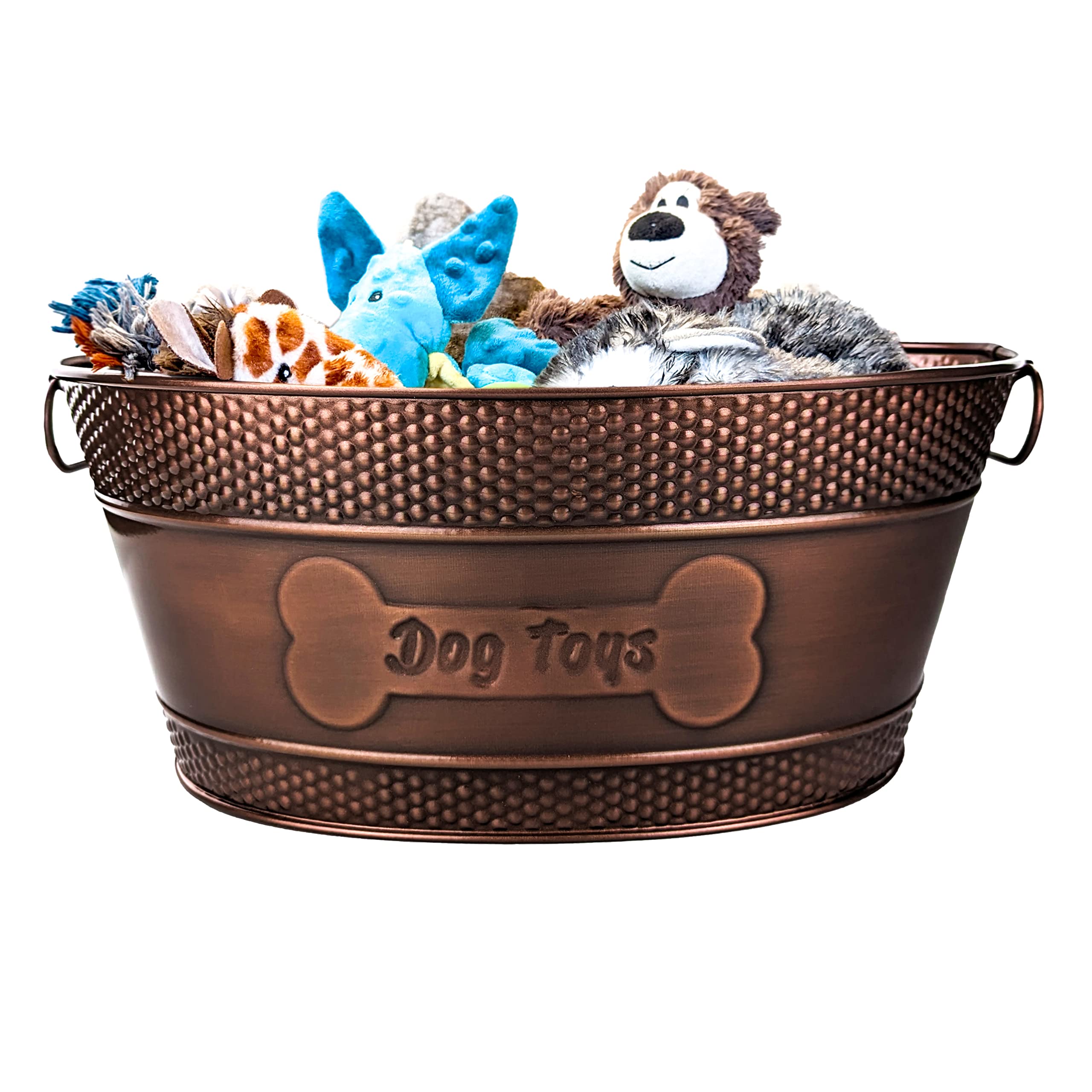 Durable Metal Dog Toy Storage Bin - Galvanized Copper Dog Toy Organizer with Handles for Chew Toys, Blankets & Leashes | Pet Bone Design Toy Box (15-Quart) | Perfect for Living Room, Bedroom & Dog Play Area Organization