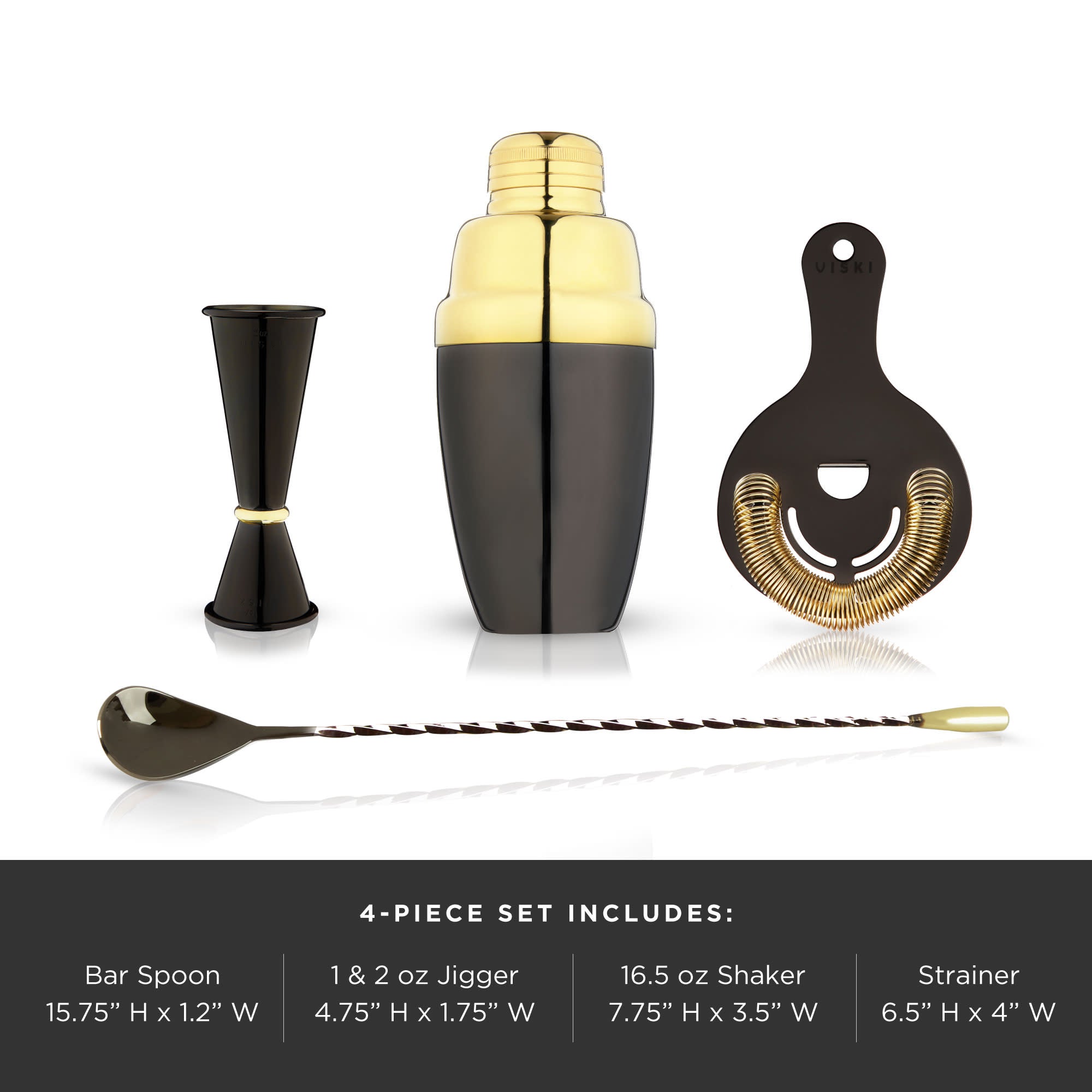 Premium 4-Piece Stainless Steel Barware Set - Black & Gold Cocktail Shaker, Jigger, Strainer & Spoon - Perfect for Home Bars, Cocktail Parties & Mixology Enthusiasts