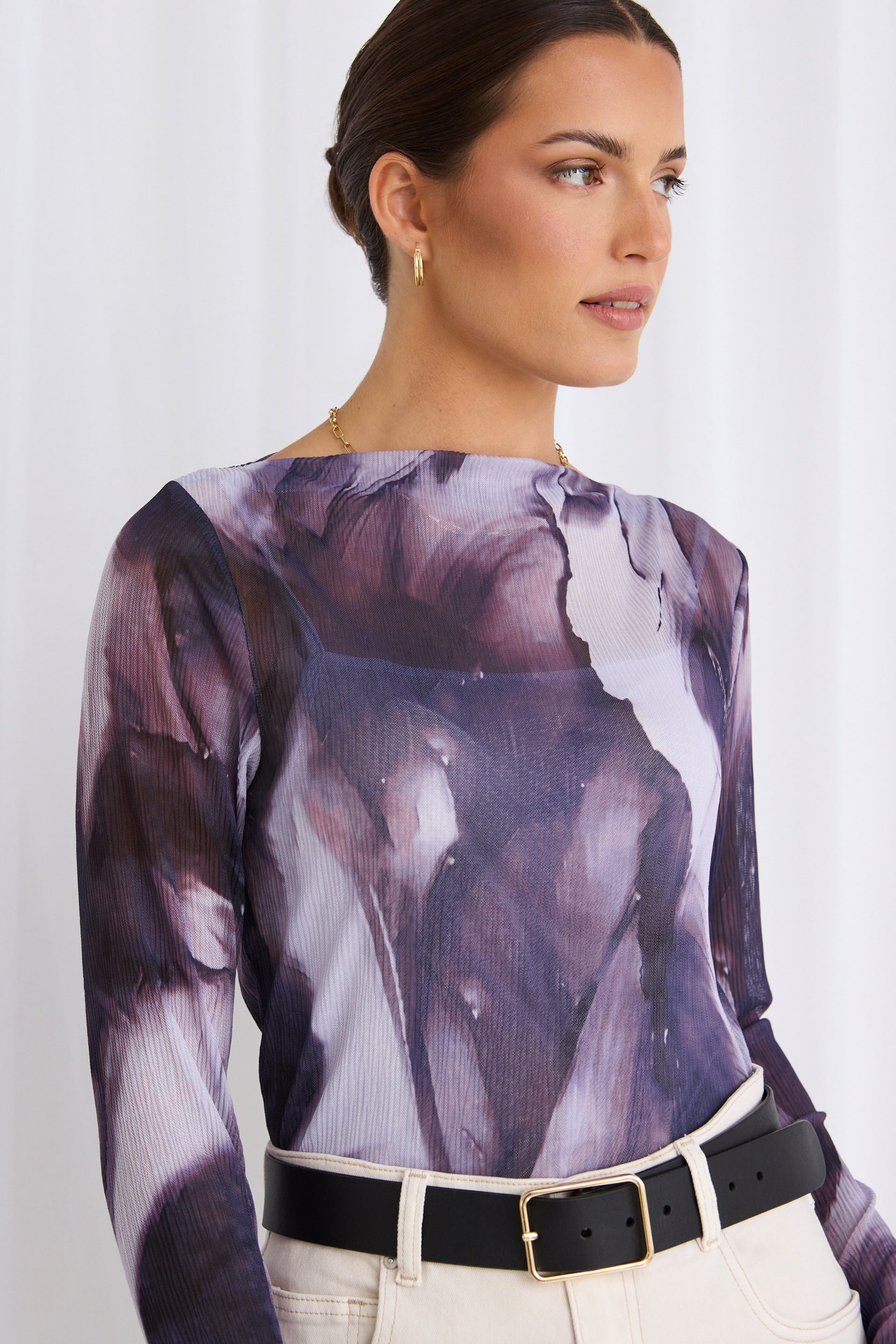Light Lilac Crinkle Mesh Long Sleeve Top for Women - Trendy Casual Blouse for Spring & Summer - Perfect for Outfits, Parties, and Date Nights