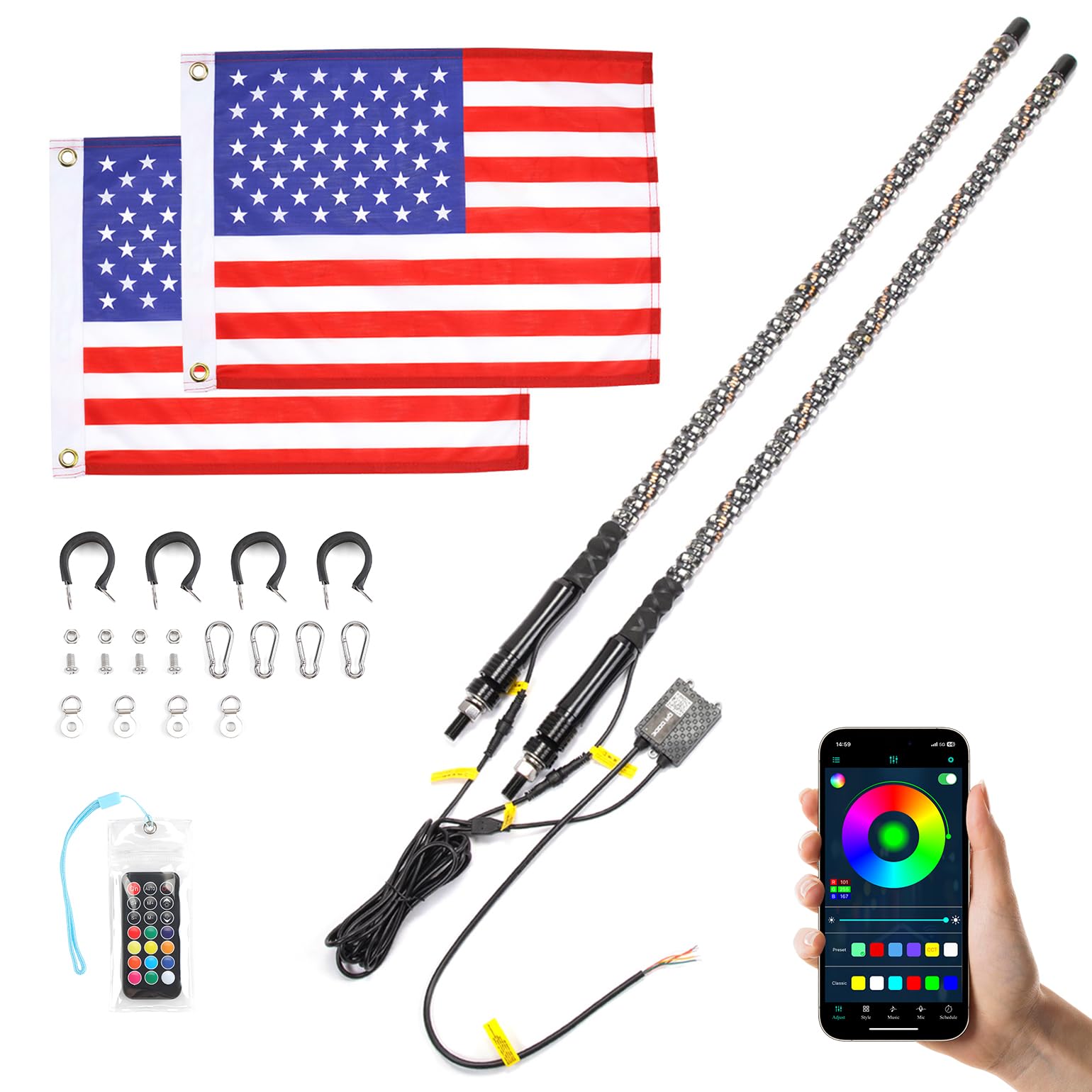 KEMIMOTO 2-Pack 5ft Bluetooth UTV Whip Lights with Turn Signal & APP Control - Compatible with Polaris RZR, Can-Am Maverick X3, Side by Side ATV, Buggy & Boat - Perfect for Off-Road Adventures, Night Riding & Safety Visibility