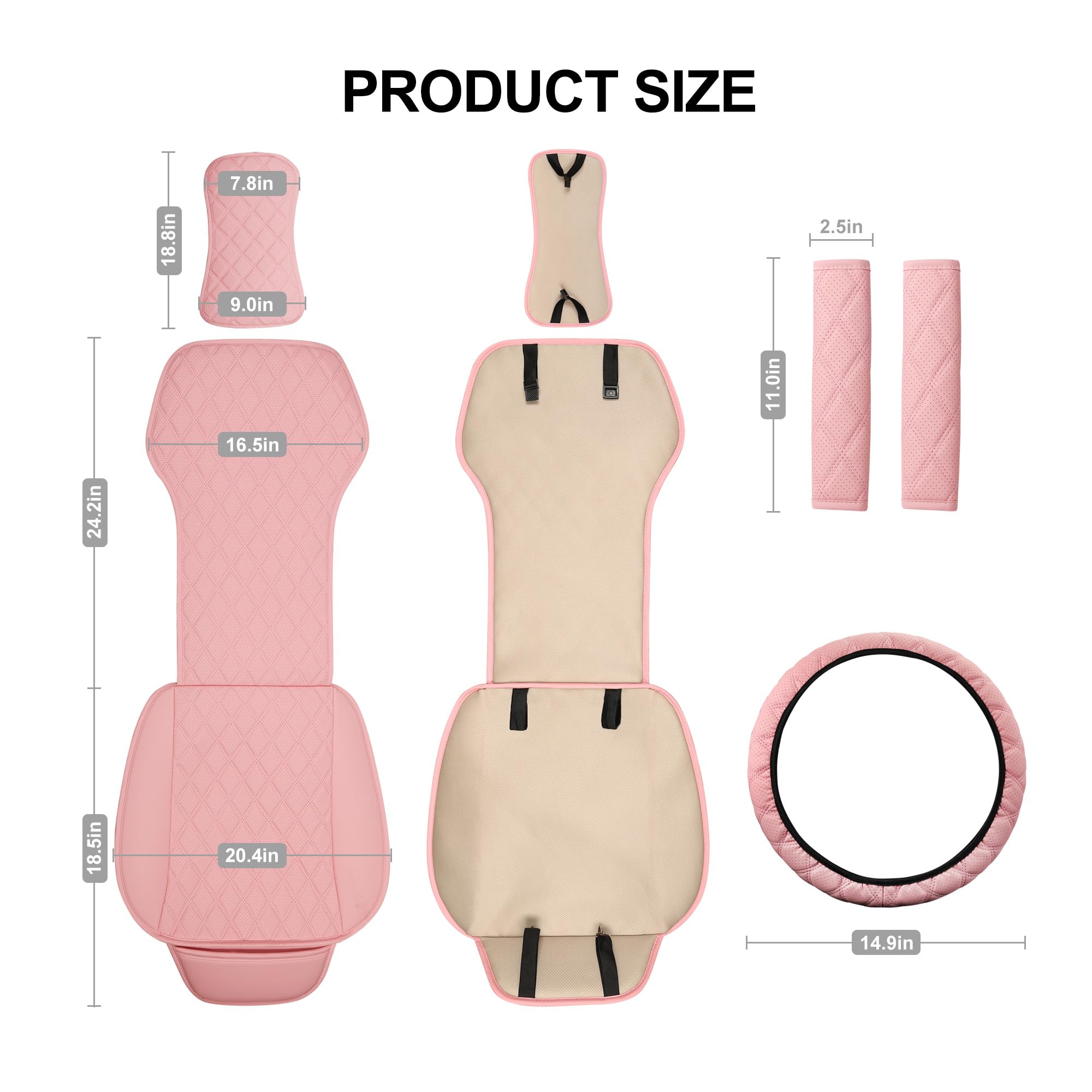 2PCs Premium Leather Front Car Seat Covers Set with Steering Wheel Cover & Seat Belt Pads - Universal Fit for 95% Vehicles - Waterproof Auto Accessories for Cars, SUVs, Trucks (Pink) - Perfect for Road Trips, Daily Commutes & Vehicle Protection