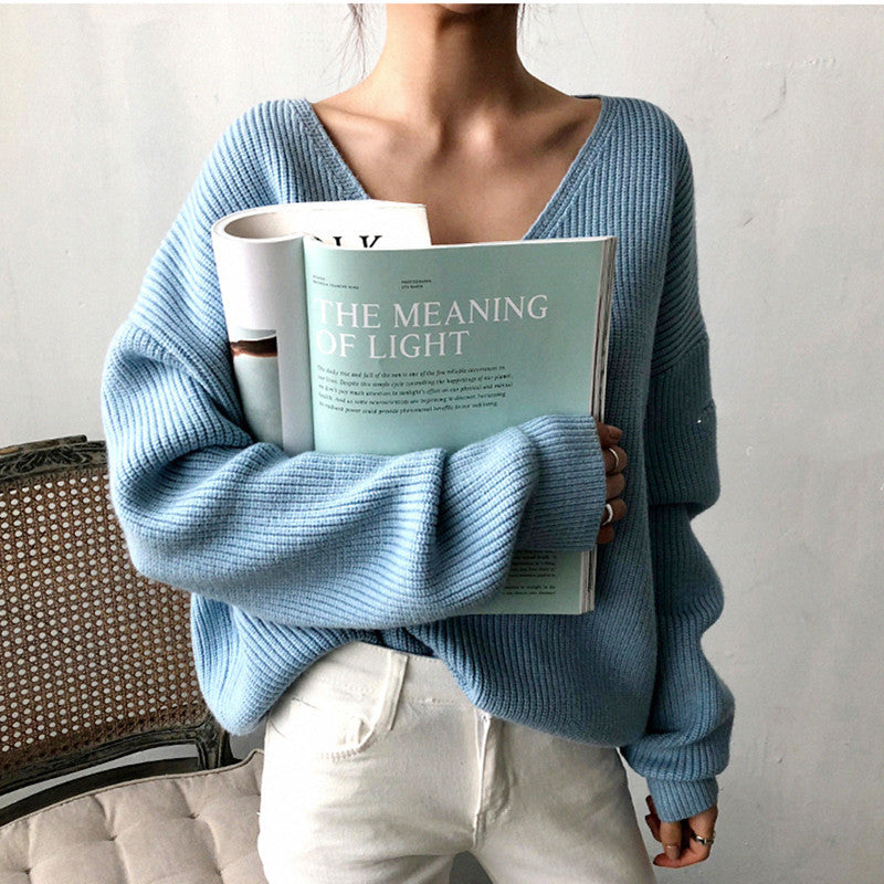 Korean Style V-Neck Loose Pullover Sweater for Women - Autumn Winter Warm Oversized Knit Jumper - Perfect for Casual Outfits, Office Wear & Cozy Loungewear