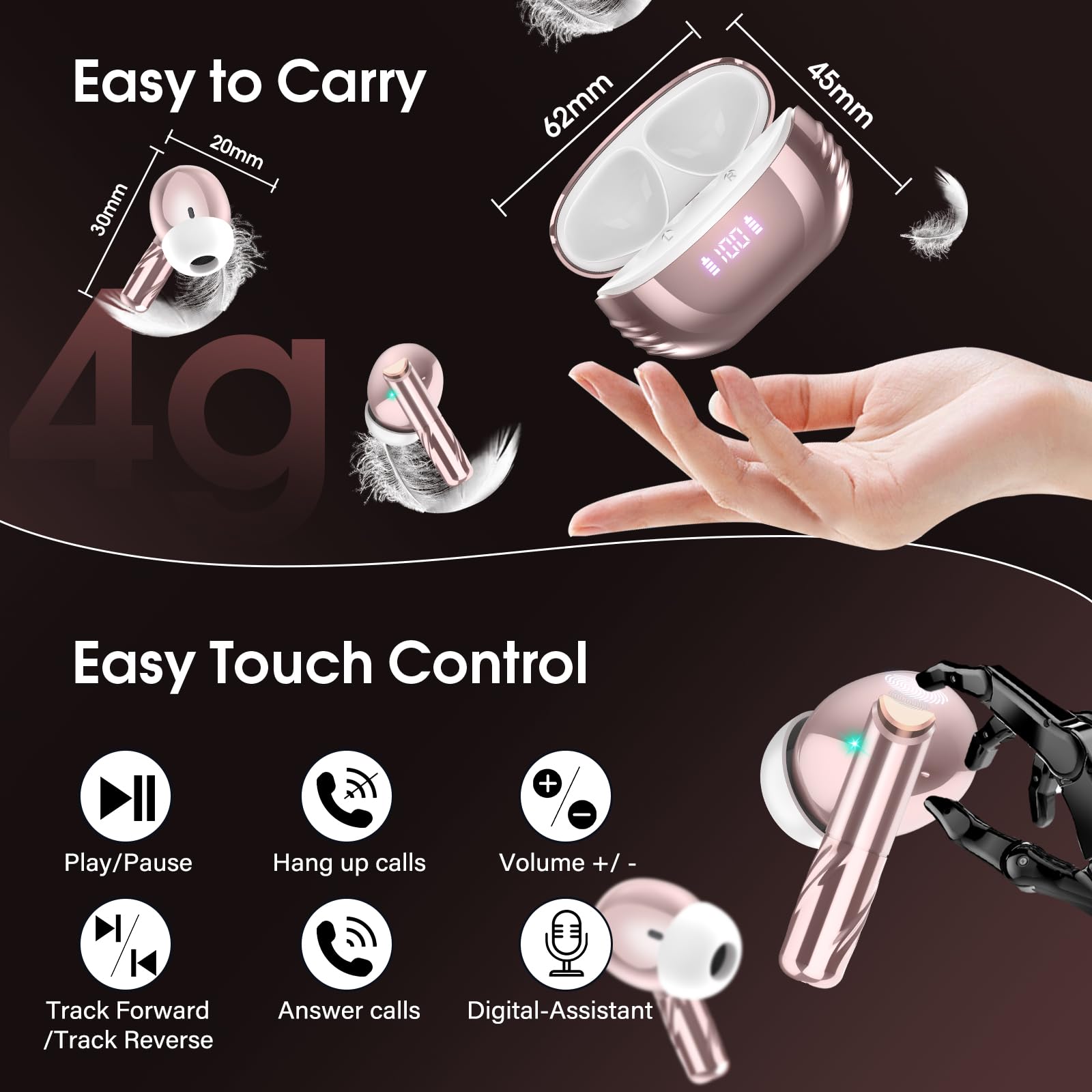 Premium Bluetooth 5.4 Earbuds with ENC Noise Cancelling & 48H Playback - IPX7 Waterproof Wireless Headphones for iOS/Android (Rose Gold) - Perfect for Gym & Commuting