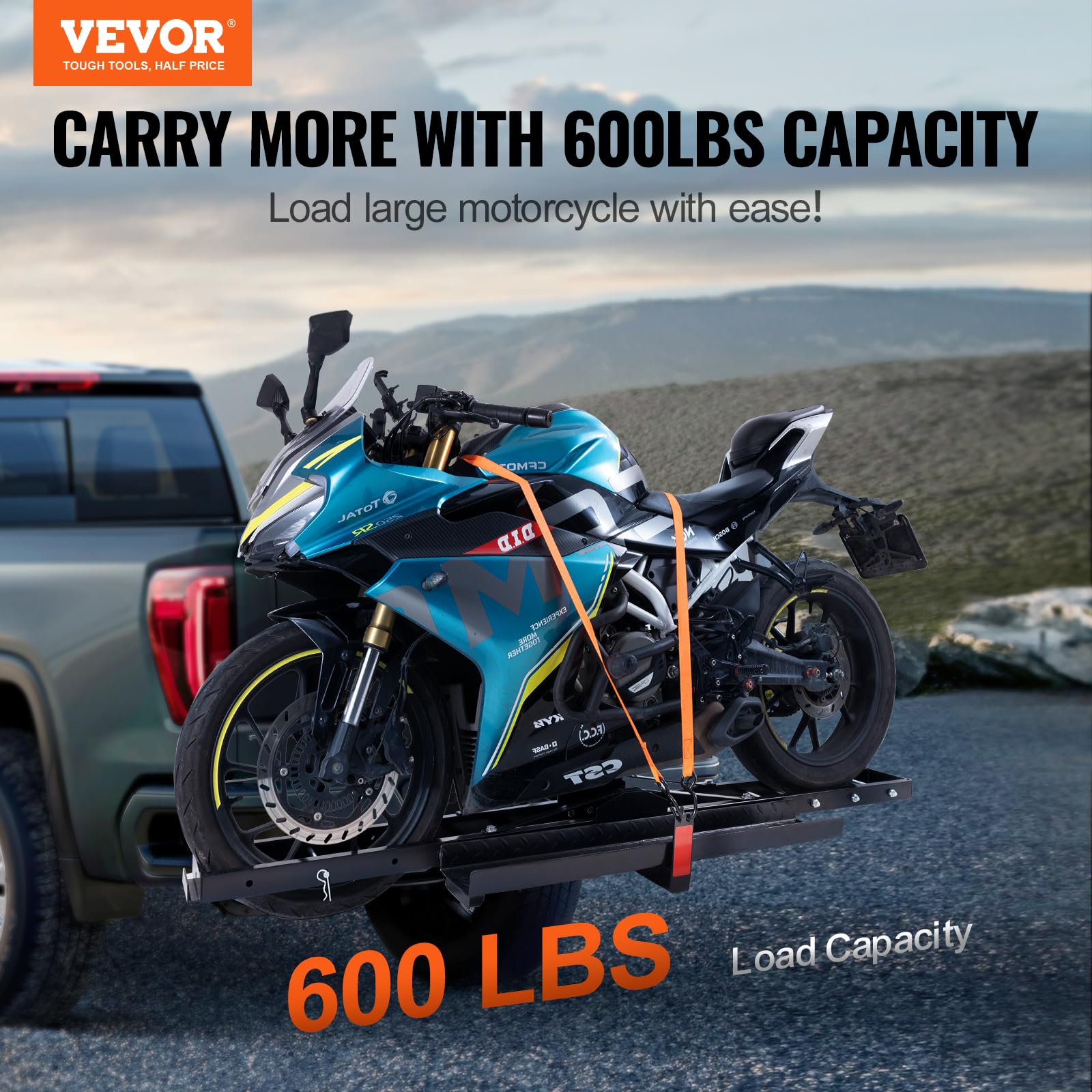 VEVOR 600 LBS Motorcycle Carrier Hitch Mount - Heavy Duty Steel Dirt Bike Trailer Hauler with 47