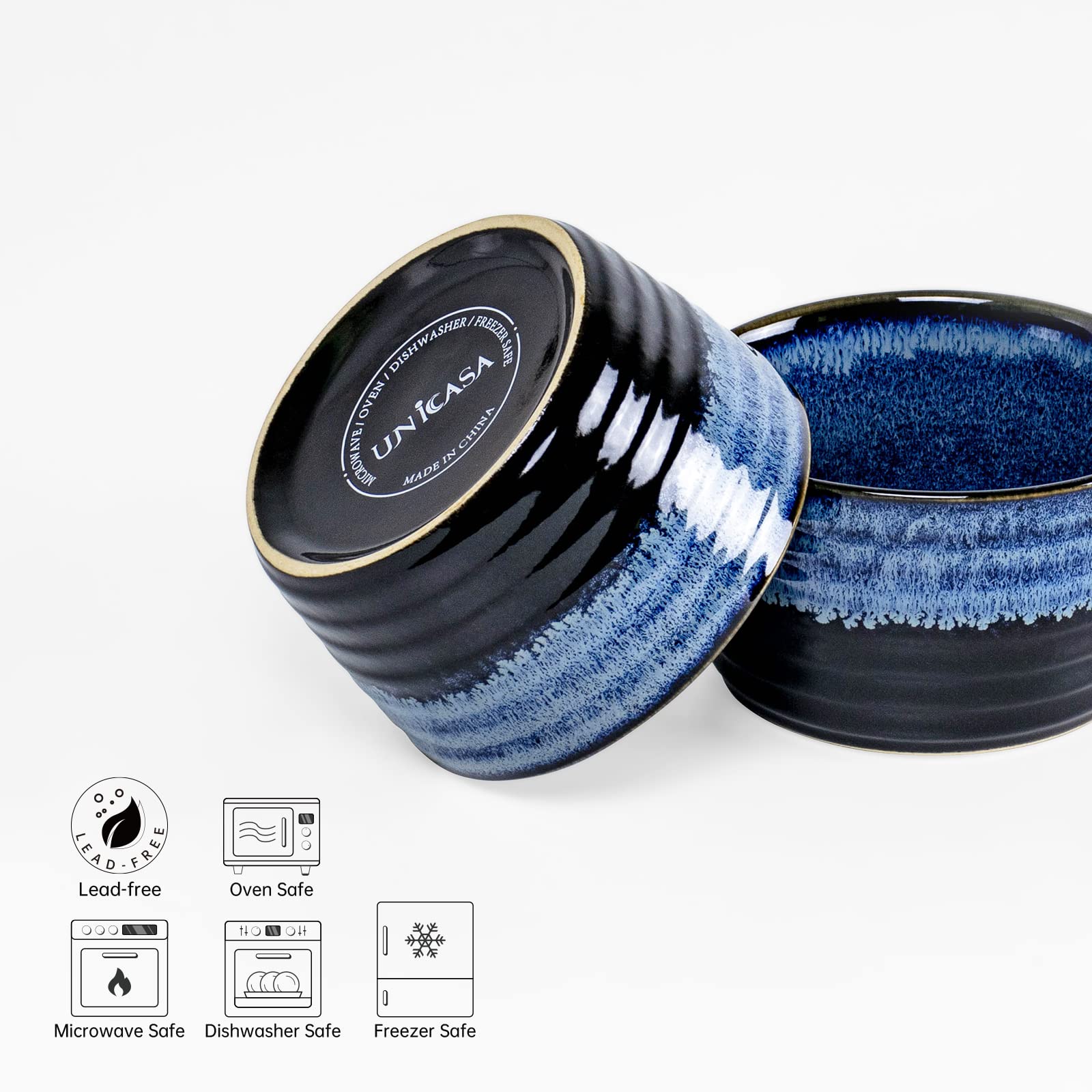 UNICASA 8 oz Ramekin Set of 2 - Oven Safe Creme Brulee Dishes for Baking, Custard, Pudding & Souffle - Reactive Blue Ceramic Ramekins - Perfect for Desserts, Appetizers & Small Portion Serving