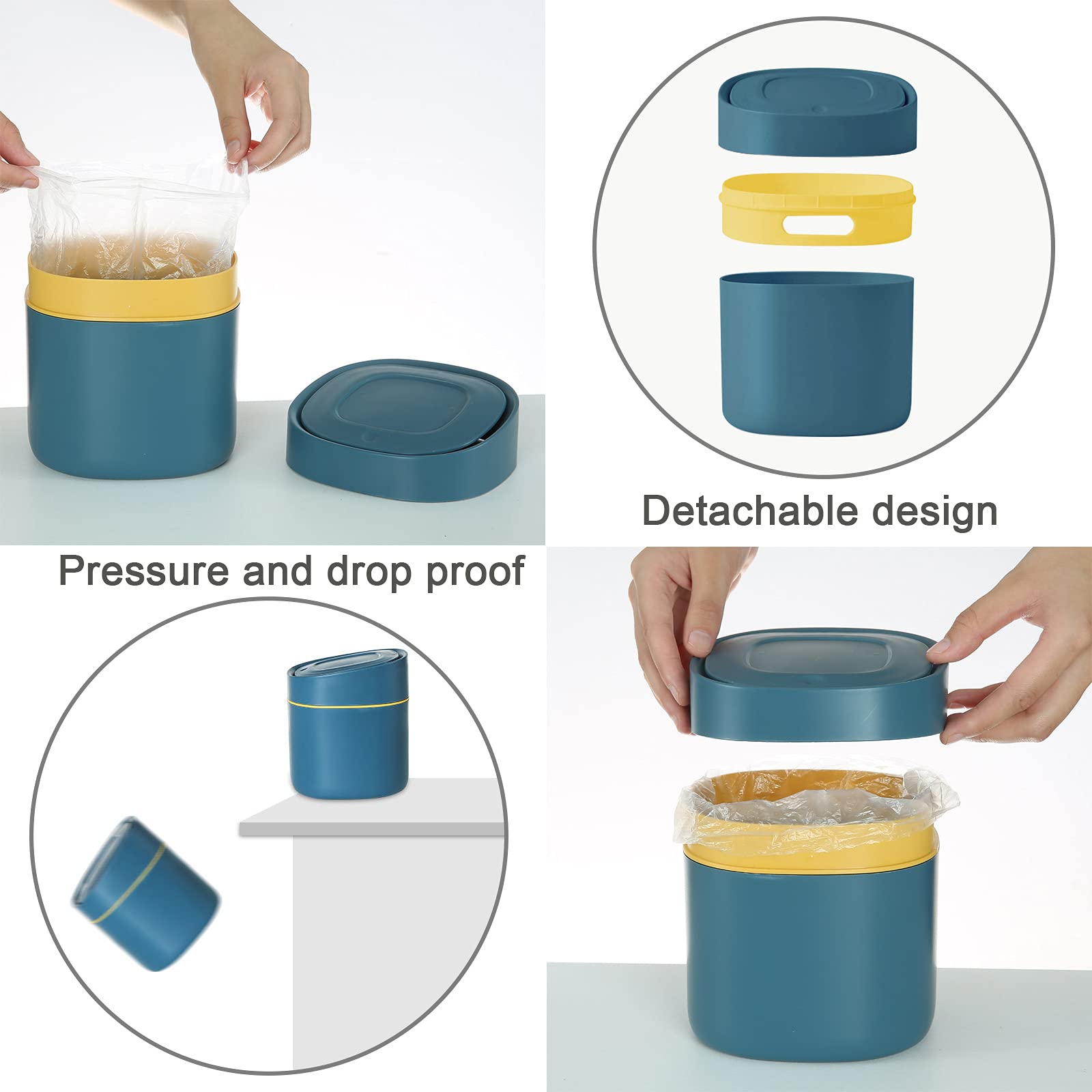 SVUPUE Mini Trash Can with Lid - Small Desktop Garbage Bin for Bathroom, Kitchen, Office & Coffee Table - Portable & Detachable Lid - Blue - Perfect for Home, Office & Travel Use