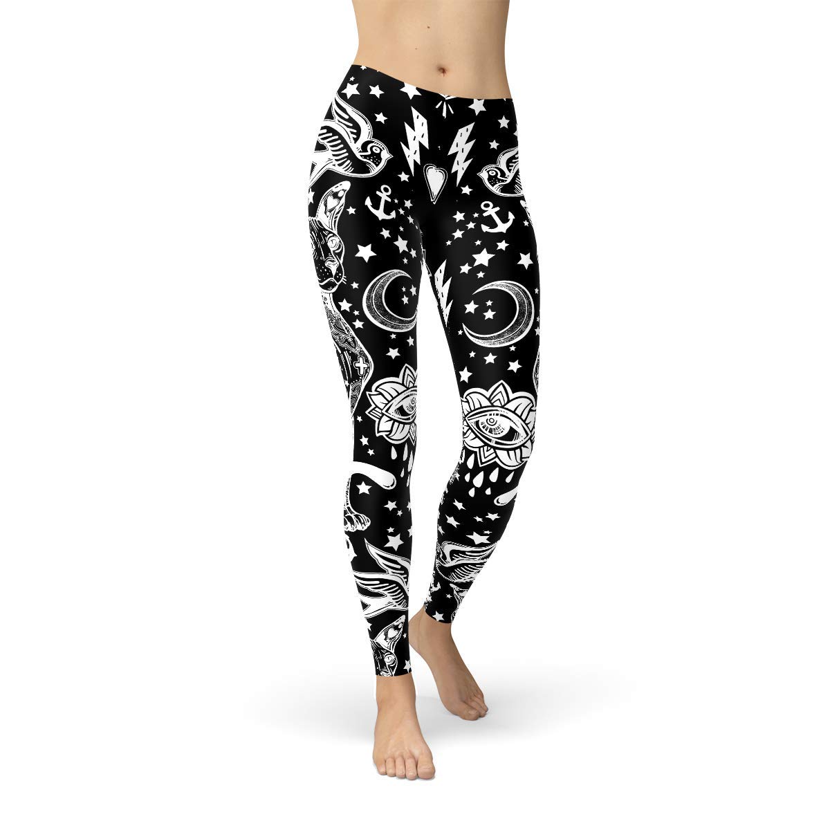 Black Magic Cat Print Leggings for Women - Mid Waist Yoga Pants with Witchcraft Symbols - Perfect for Halloween, Workouts & Gothic Fashion