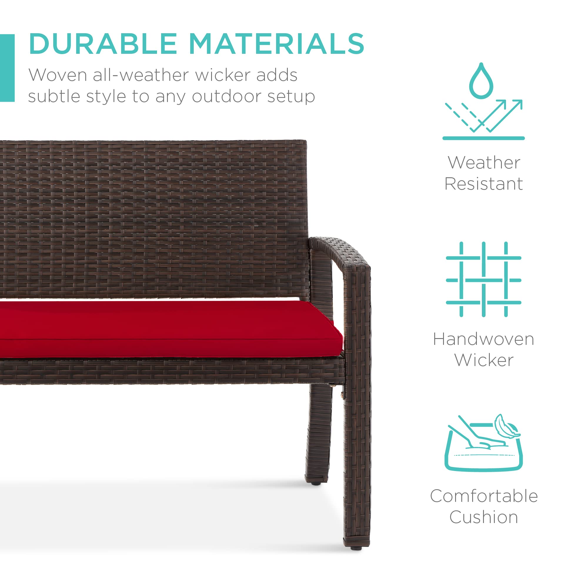Best Choice Products 2-Person Outdoor Wicker Bench with Seat Cushion - 700lb Capacity Brown/Red - Patio Garden Furniture for Backyard, Porch & Outdoor Seating | Perfect for Relaxing, Entertaining & Enhancing Outdoor Spaces
