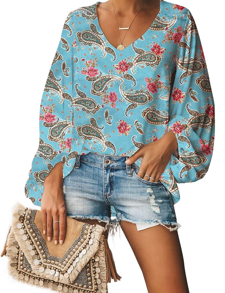 Women's V-Neck Chiffon Blouse - Casual Floral Print Balloon Sleeve Shirt for Work, Date Night & Spring Outfits