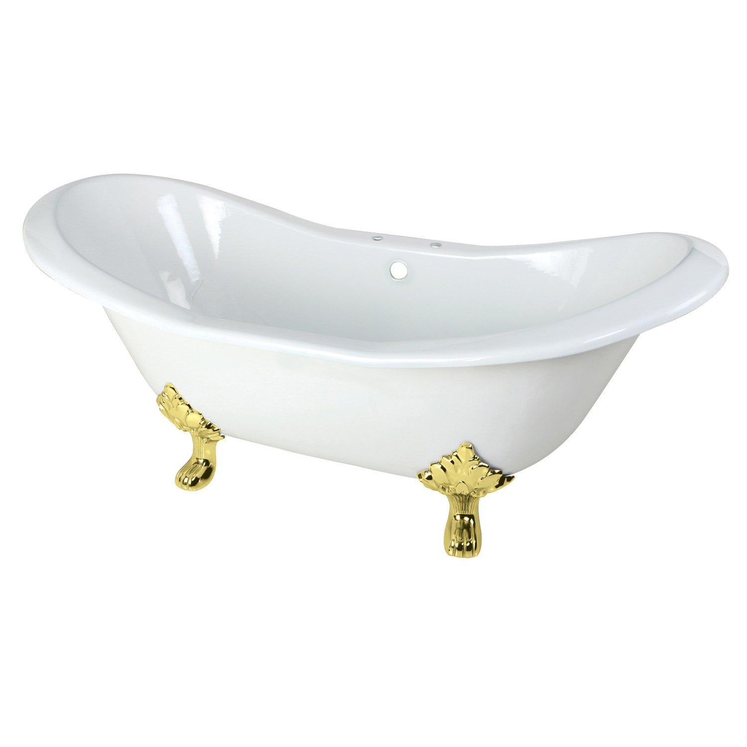 72 Inch White Oval Cast Iron Clawfoot Tub with Polished Brass Feet - Double Slipper Design (7