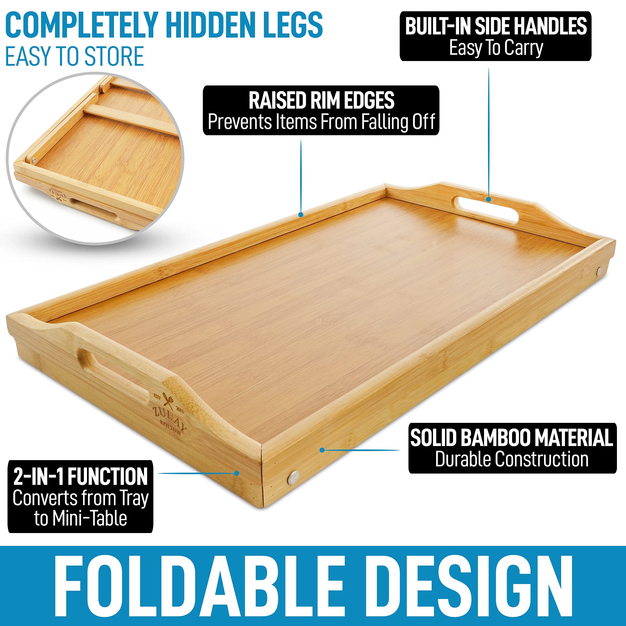 Zulay Premium Bamboo Breakfast Tray with Folding Legs - Adjustable Bed Table for Eating, Working & Relaxing - Multi-Functional Serving Tray for Breakfast in Bed, Laptop Desk, Snack Tray & Home Office Use
