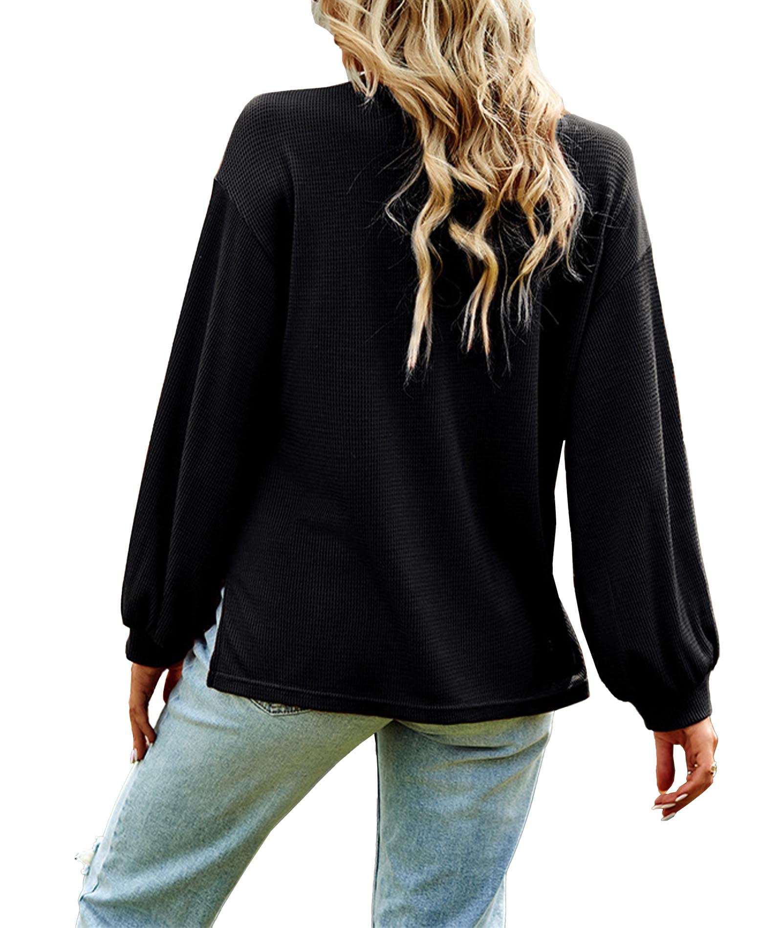 SOMTHRON Women's V-Neck Loose Knit Long Sleeve Button Down Henley Pullover Tunic Top - Casual Waffle Shirt for Everyday Wear, Office & Weekend Outfits