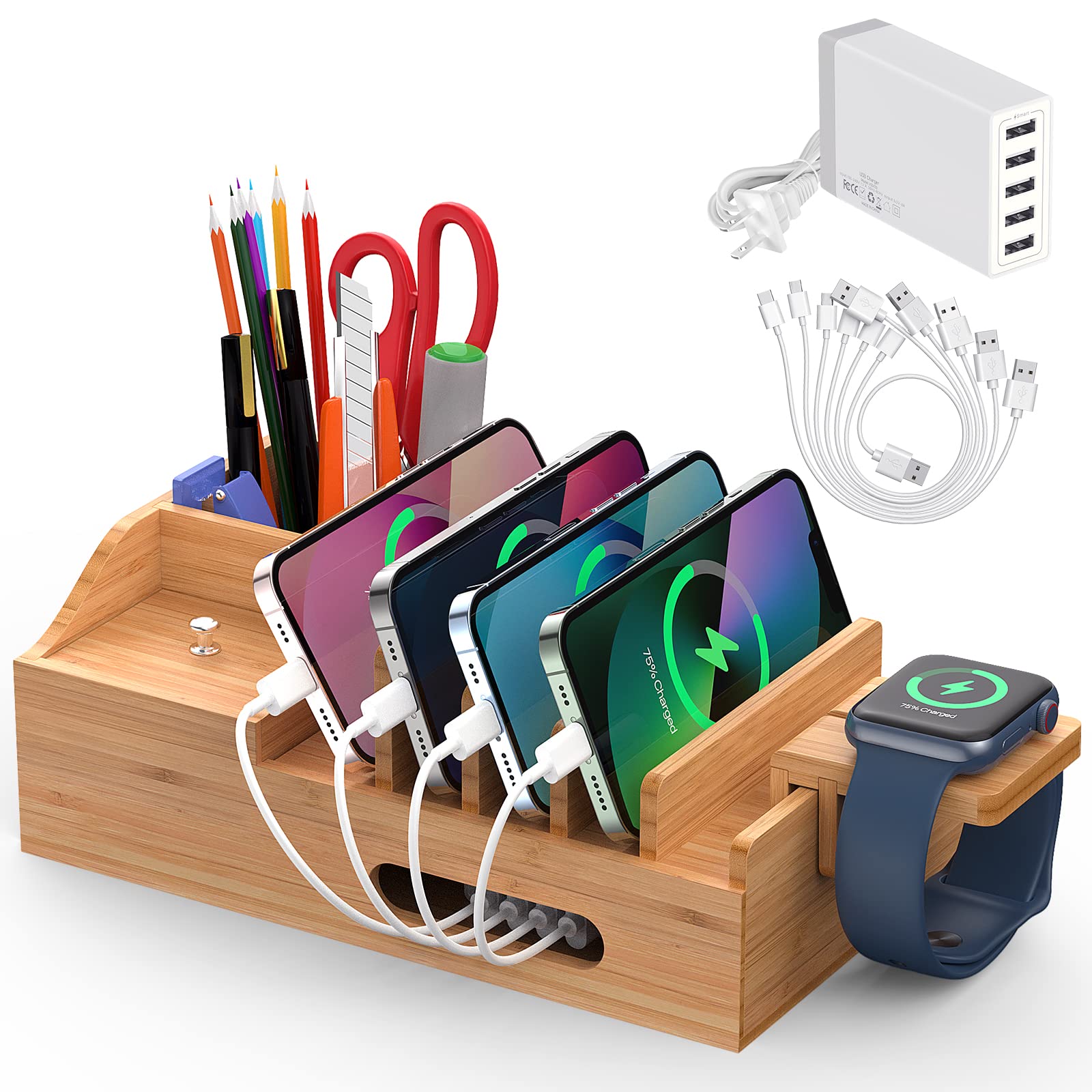 5-Port Bamboo Charging Station with 6 Cables & Smart Watch Stand - Multi-Device USB Hub for Phones, Tablets & Watches | Wooden Desktop Organizer for Home, Office & Travel Accessories