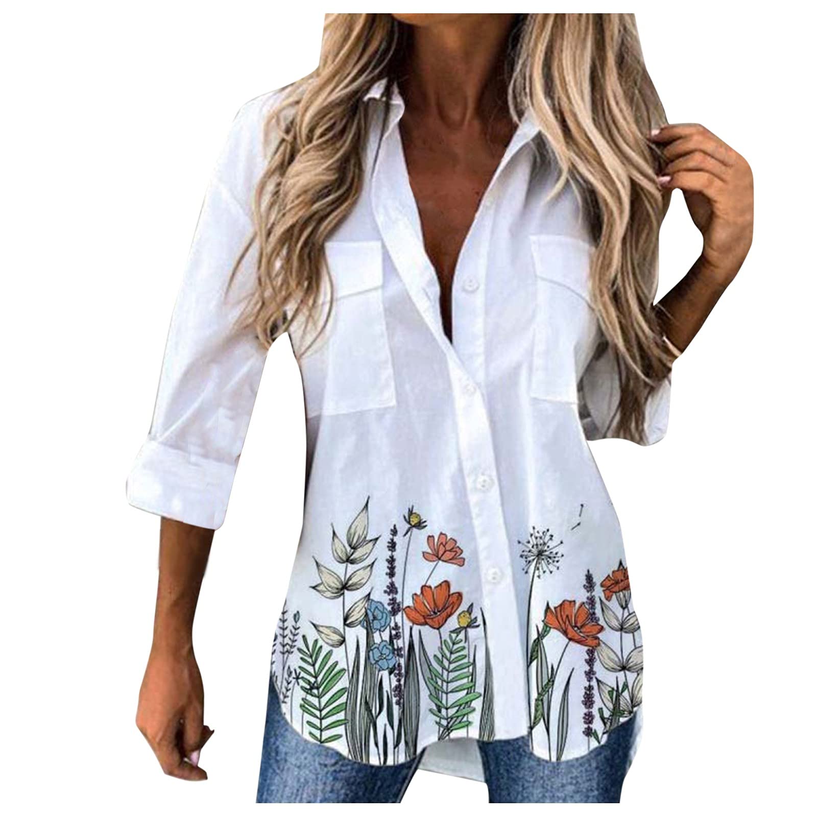 Lykmera Women's Elegant Long Sleeve Button Down Blouse with Floral Print - Stylish Turn Down Collar Shirt for Office, Date Night & Casual Wear