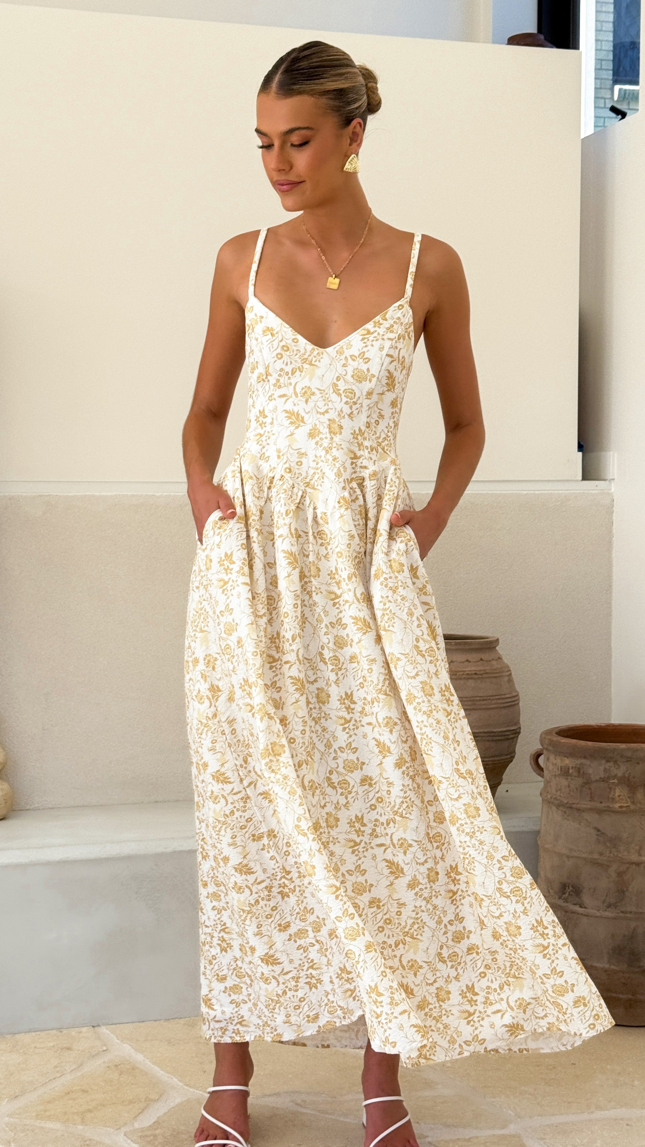 Azura Maxi Dress - Flowy Yellow Floral Print Summer Dress for Women | Beach Wedding, Vacation & Casual Outfit