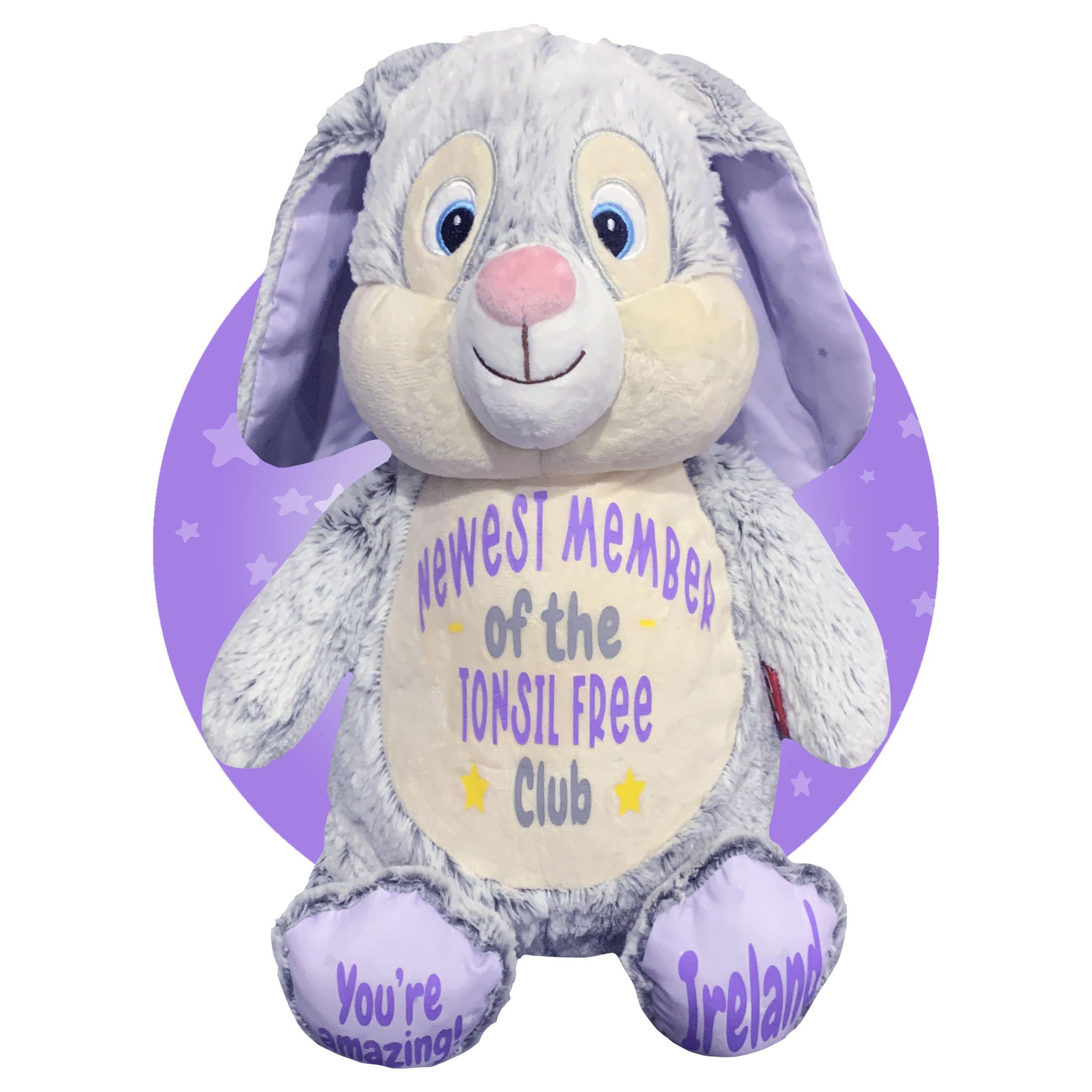Personalized Tonsillectomy Recovery Gift for Kids - Lavender Bunny Face Heating Pad - Get Well Soon Present After Tonsil Surgery - Ideal for Post-Op Comfort & Pain Relief