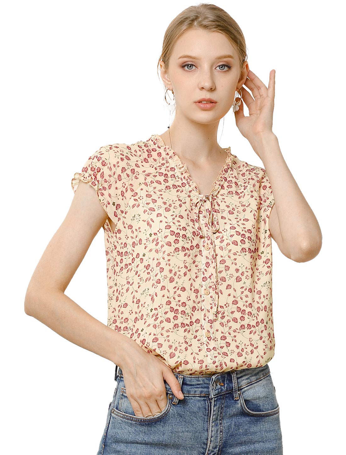 Allegra K Women's Floral Print V-Neck Short Sleeve Chiffon Blouse - Summer Casual Ruffle Top for Work, Date Night & Outdoor Events