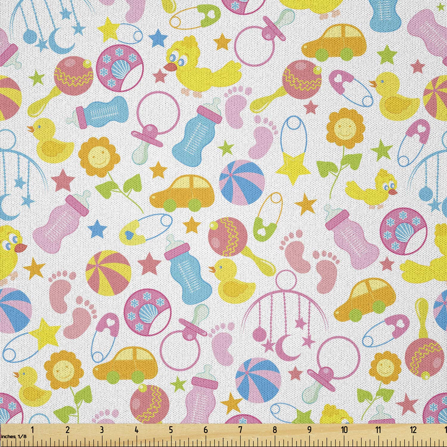 Ambesonne Cartoon Fabric by The Yard - Assorted Designs with Toys, Footprints, Milk Bottles & Flower Arrangements | Soft Microfiber Material for DIY Arts & Crafts, Home Decor, Sewing Projects (5 Yards, Multicolor) | Perfect for Baby Blankets, Pillow Covers & Quilting