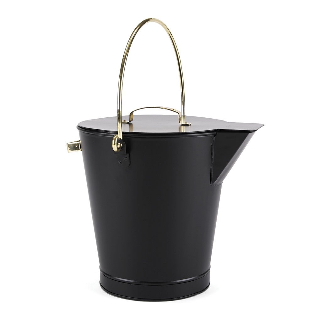 Fireplace Ash Can Bucket Pail - Black with Polished Brass Handle - Heavy Duty Metal Ash Bucket for Fireplace, Wood Stove, Campfire & BBQ Cleaning - Perfect for Home, Outdoor & Camping Use