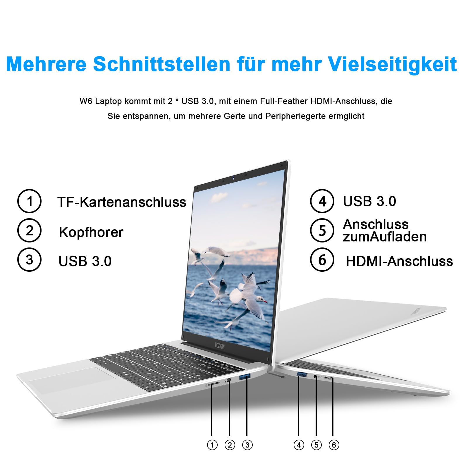 WOZIFAN 15.6 Inch Laptop - 256GB SSD, 2.4G+5G WiFi, 1080P FHD, Windows 11, Up to 2.8GHz, Bluetooth, USB, HDMI - Includes Wireless Mouse & German Keyboard Sticker (Silver) - Perfect for Work, Study, and Entertainment
