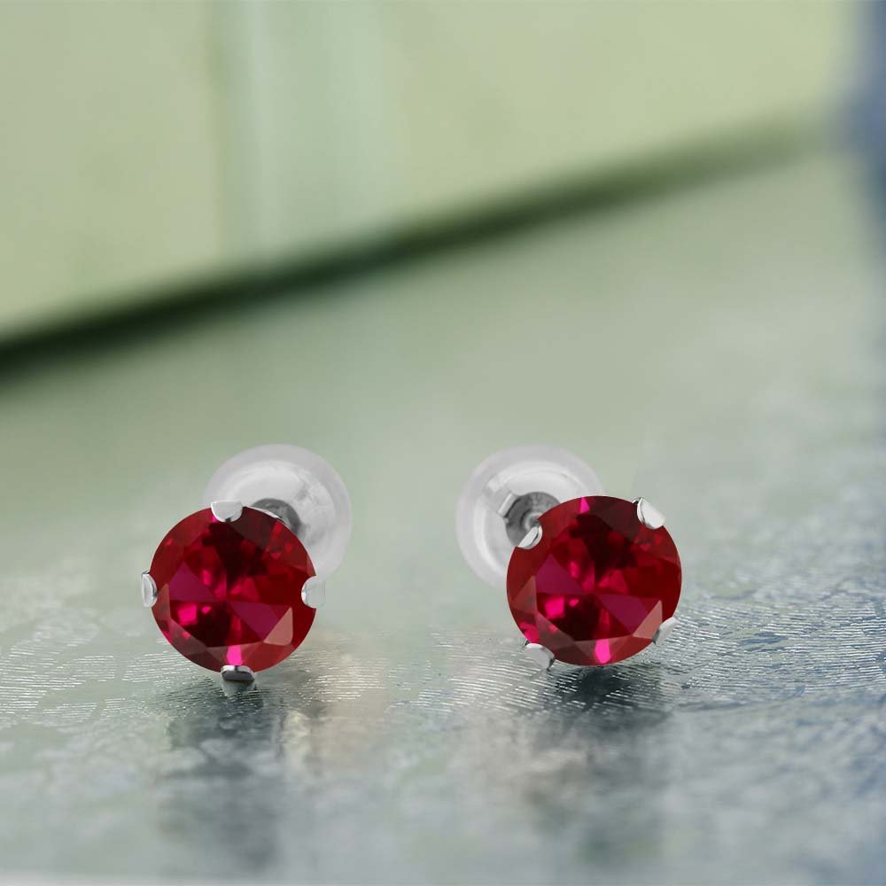 2.00 Ct Round Red Created Ruby 14K White Gold Stud Earrings for Women & Men | Genuine Gemstone Jewelry Gift for Anniversary, Birthday & Special Occasions
