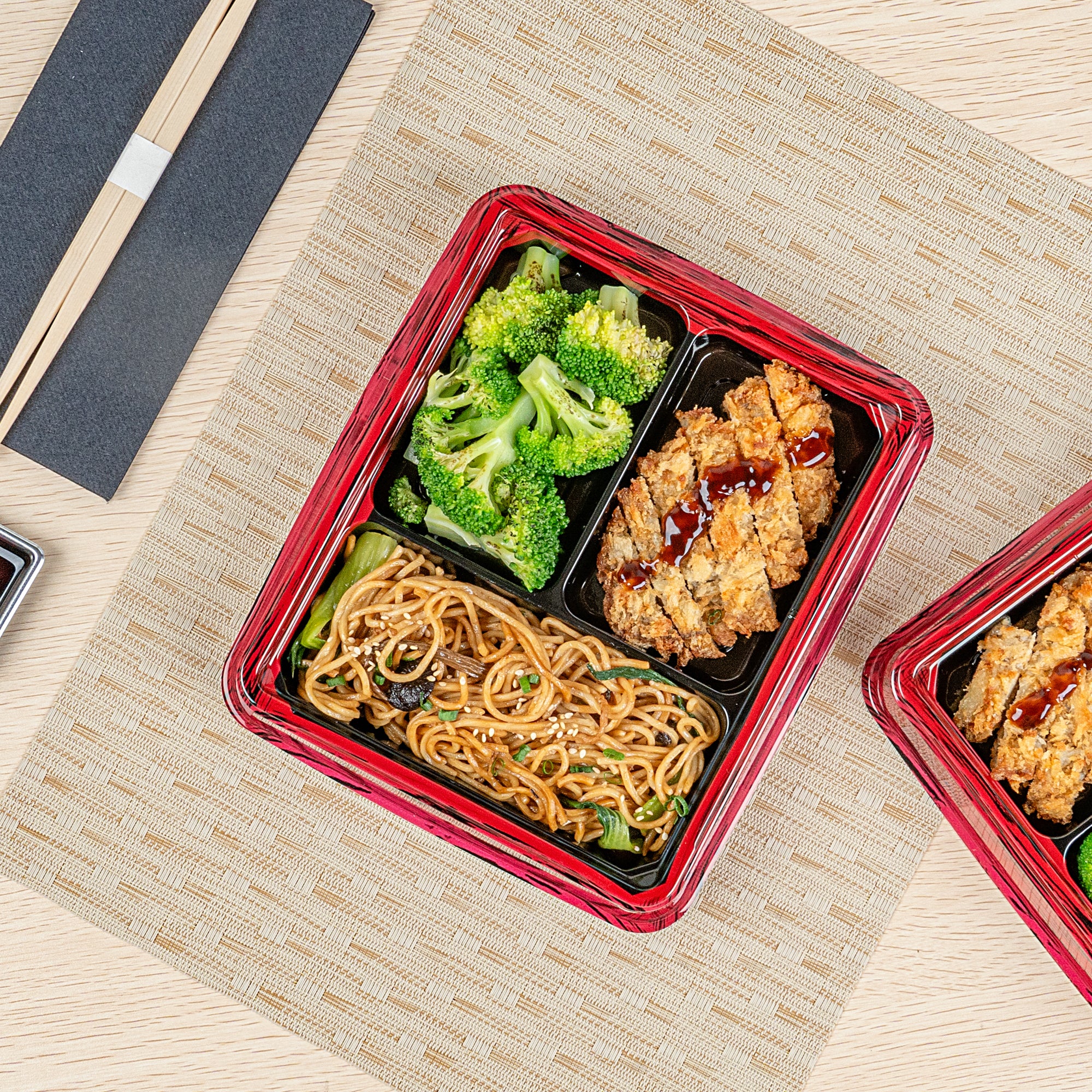 Bento Tek 16 oz Rectangle Red and Black Plastic Bento Box - 3 Compartments Lunch Container (8.75