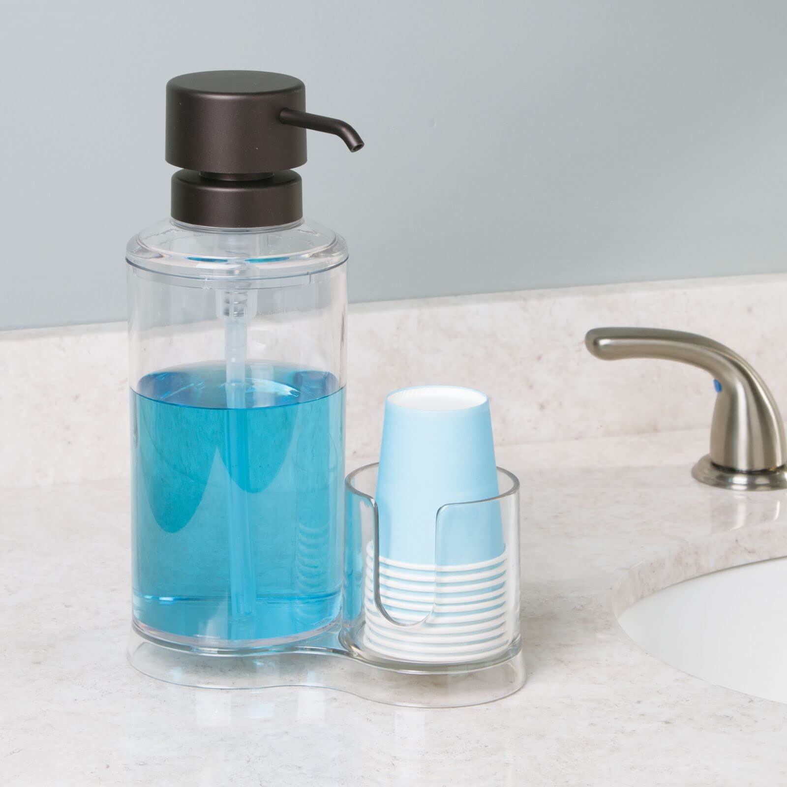mDesign Plastic Refillable Mouthwash Dispenser with 8 Paper Cups - Bathroom Vanity Organizer for Countertop & Cupboard - Clear/Bronze Lumiere Collection - Perfect for Home, Hotel & Dental Office Use