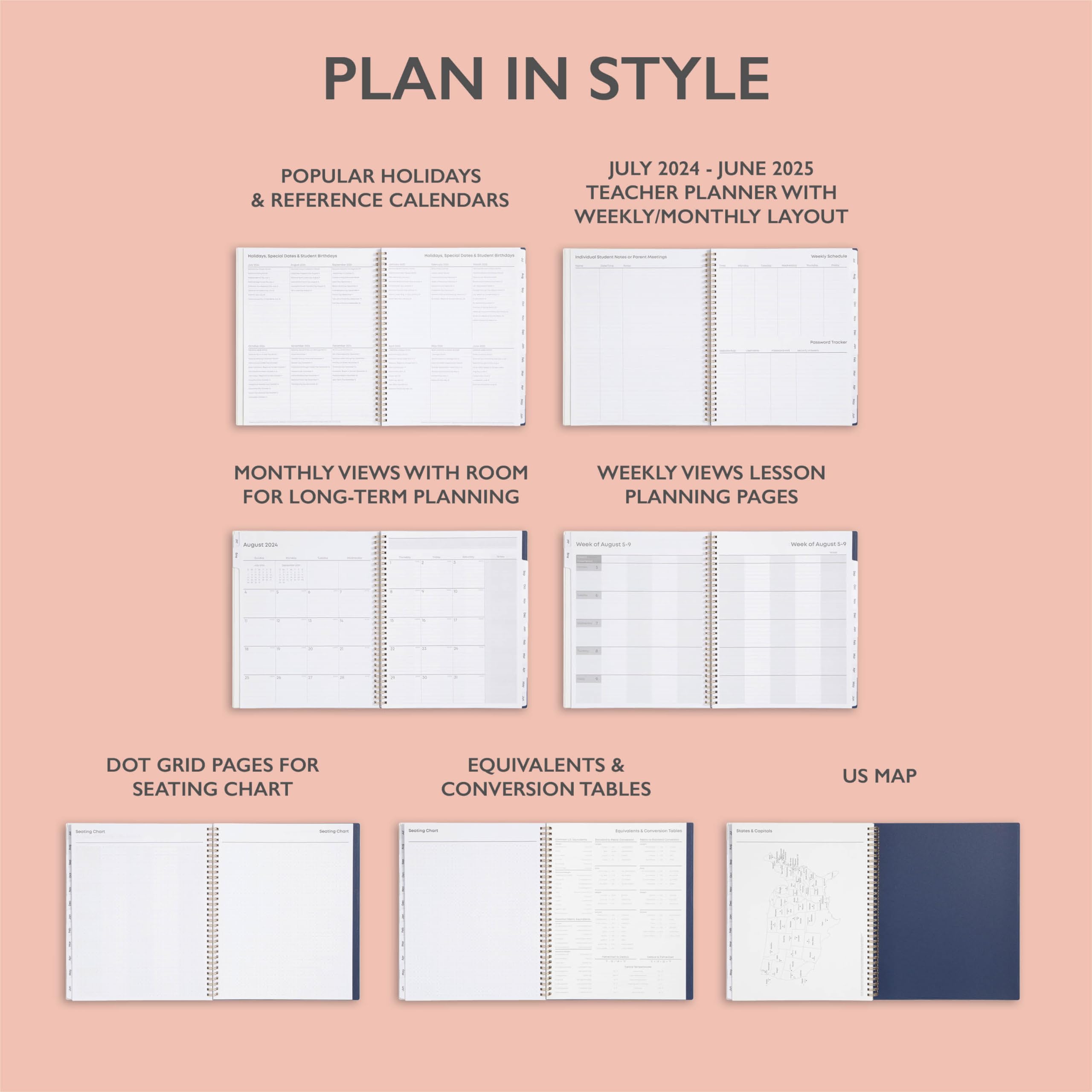 Blue Sky 2024-2025 Teacher Planner - Weekly & Monthly Lesson Organizer, 8.5